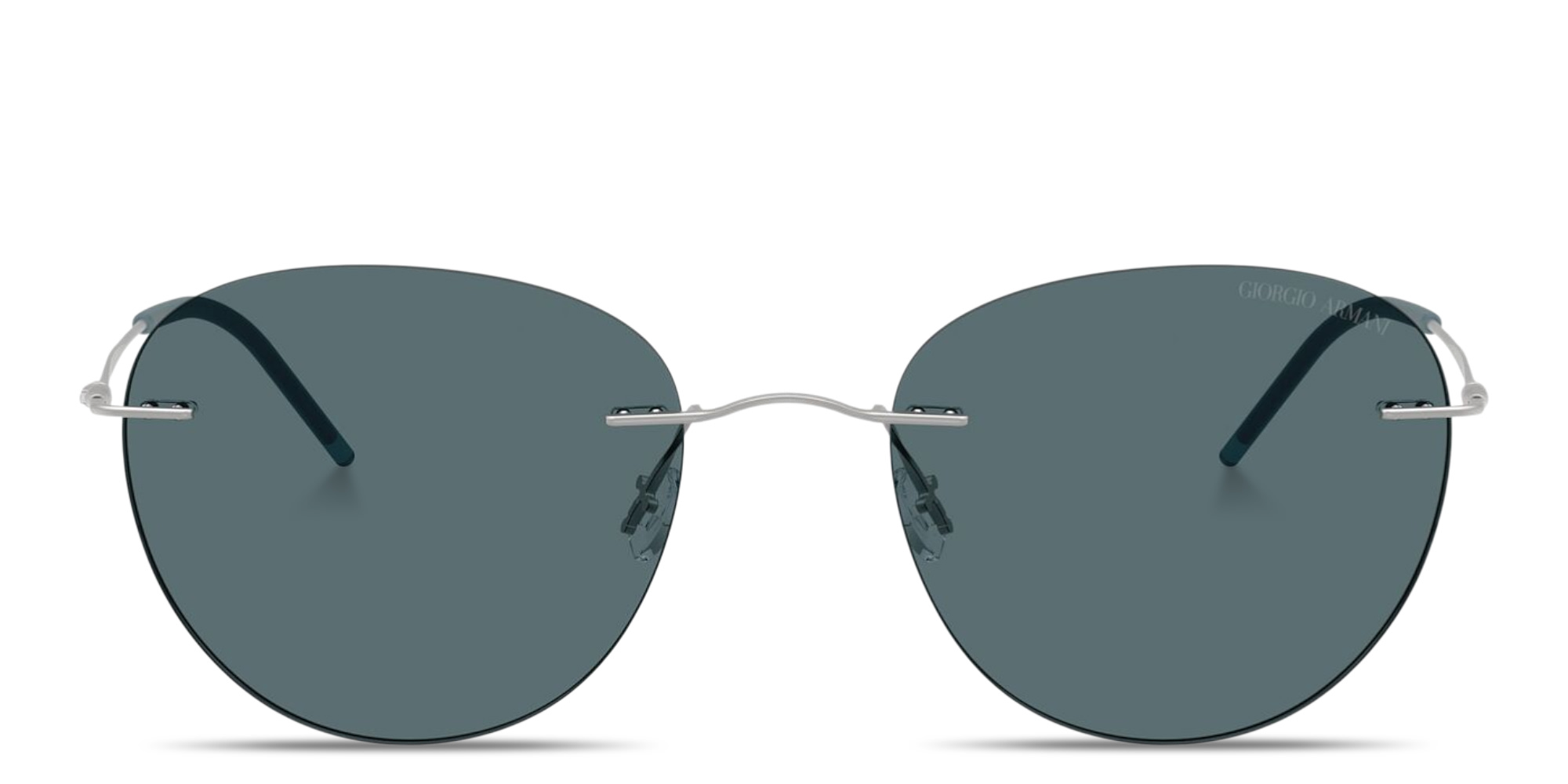 Shop GIORGIO ARMANI Engraved Logo Rimless Round Sunglasses in Matte Silver online.