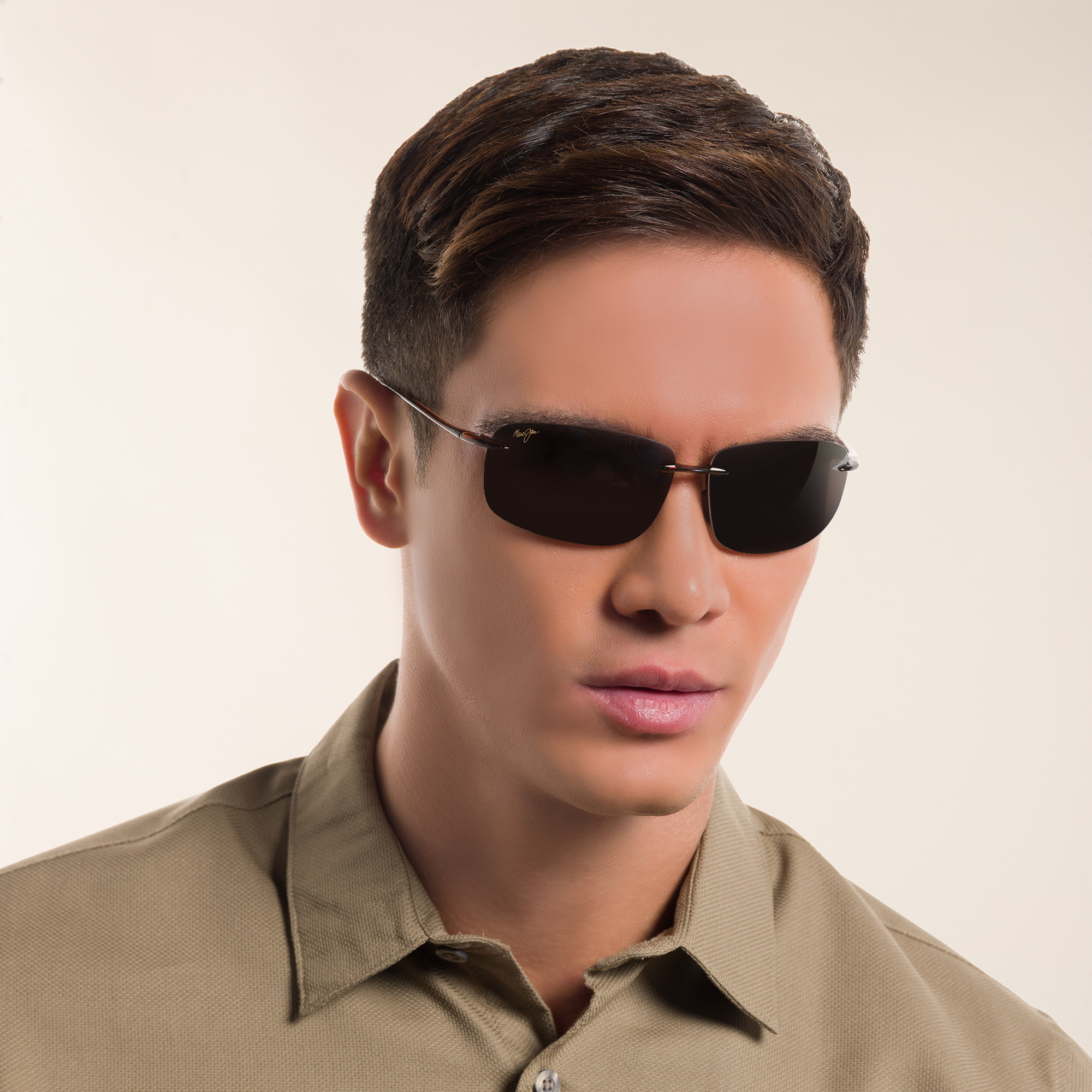Shop Maui Jim Break Wall Unisex Rimless Rectangle Sunglasses in Brown online.