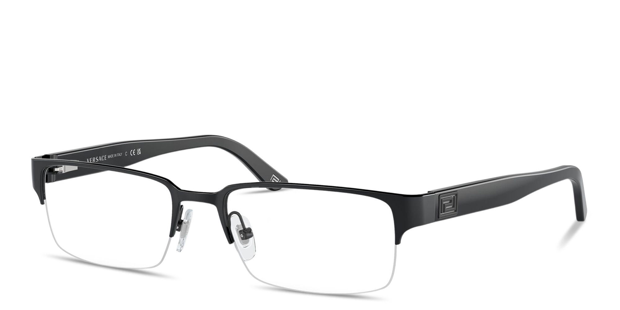 Shop VERSACE Greca Half-Rim Rectangle Eyeglasses in Black online.