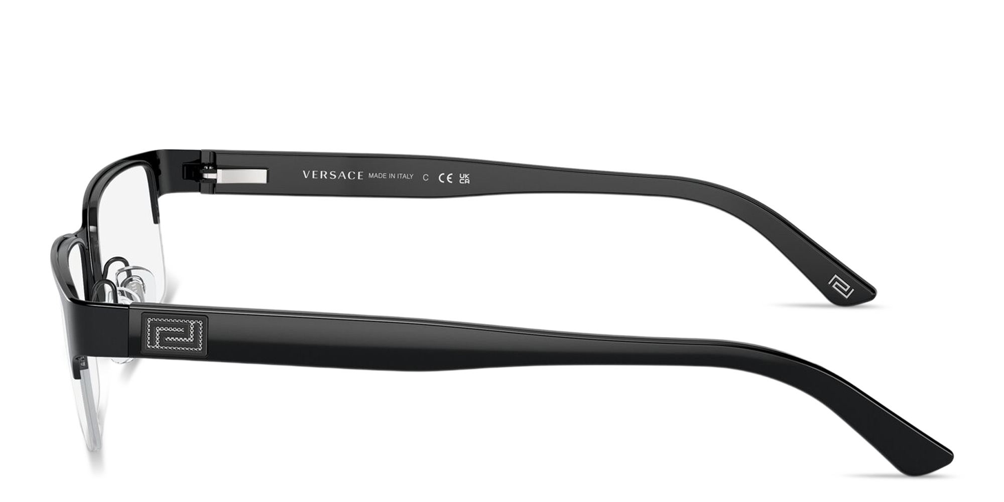 Shop VERSACE Greca Half-Rim Rectangle Eyeglasses in Black online.