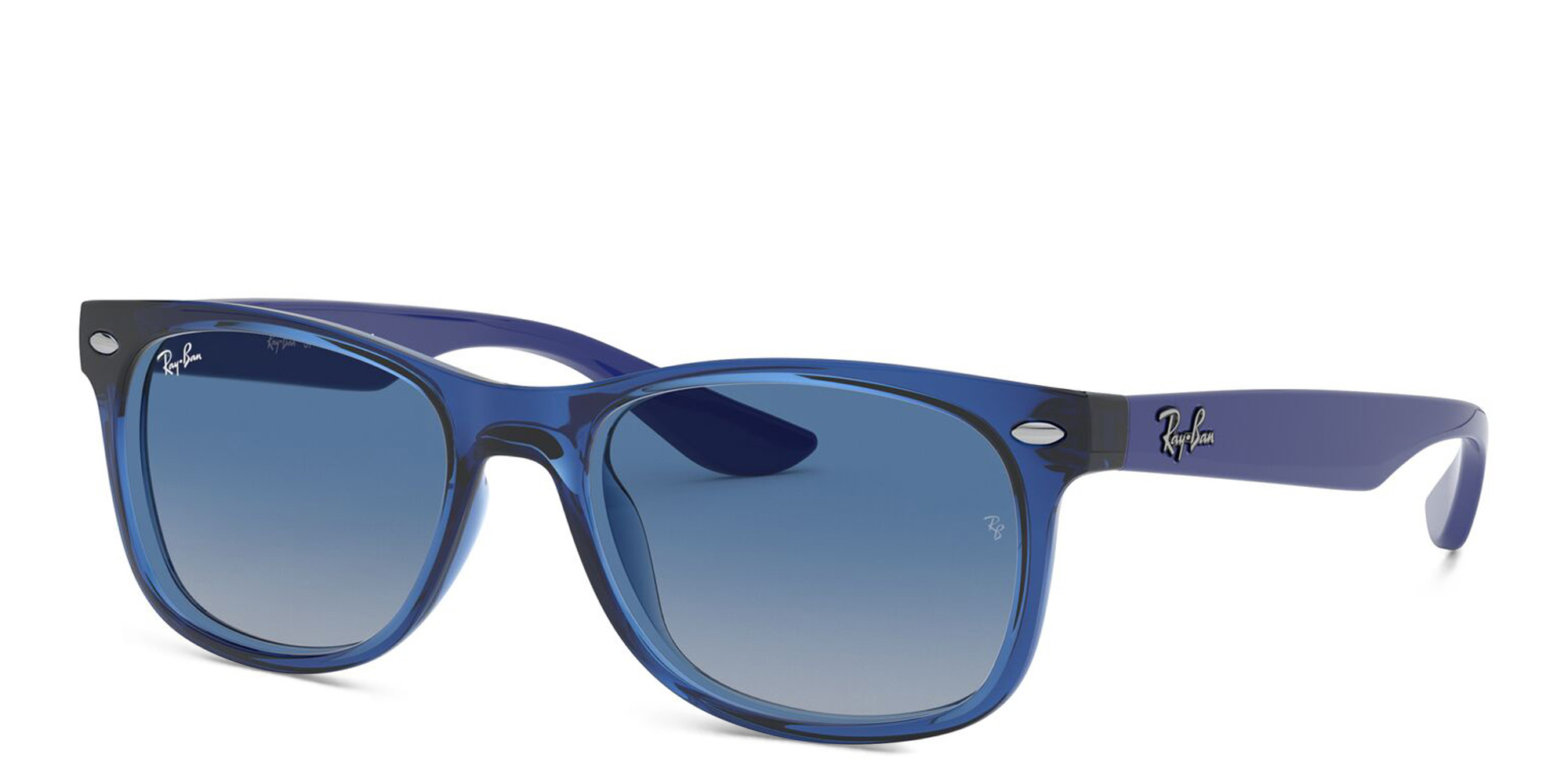 Shop Ray-Ban Junior Kids New Wayfarer Square Sunglasses in Transparent Blue online.