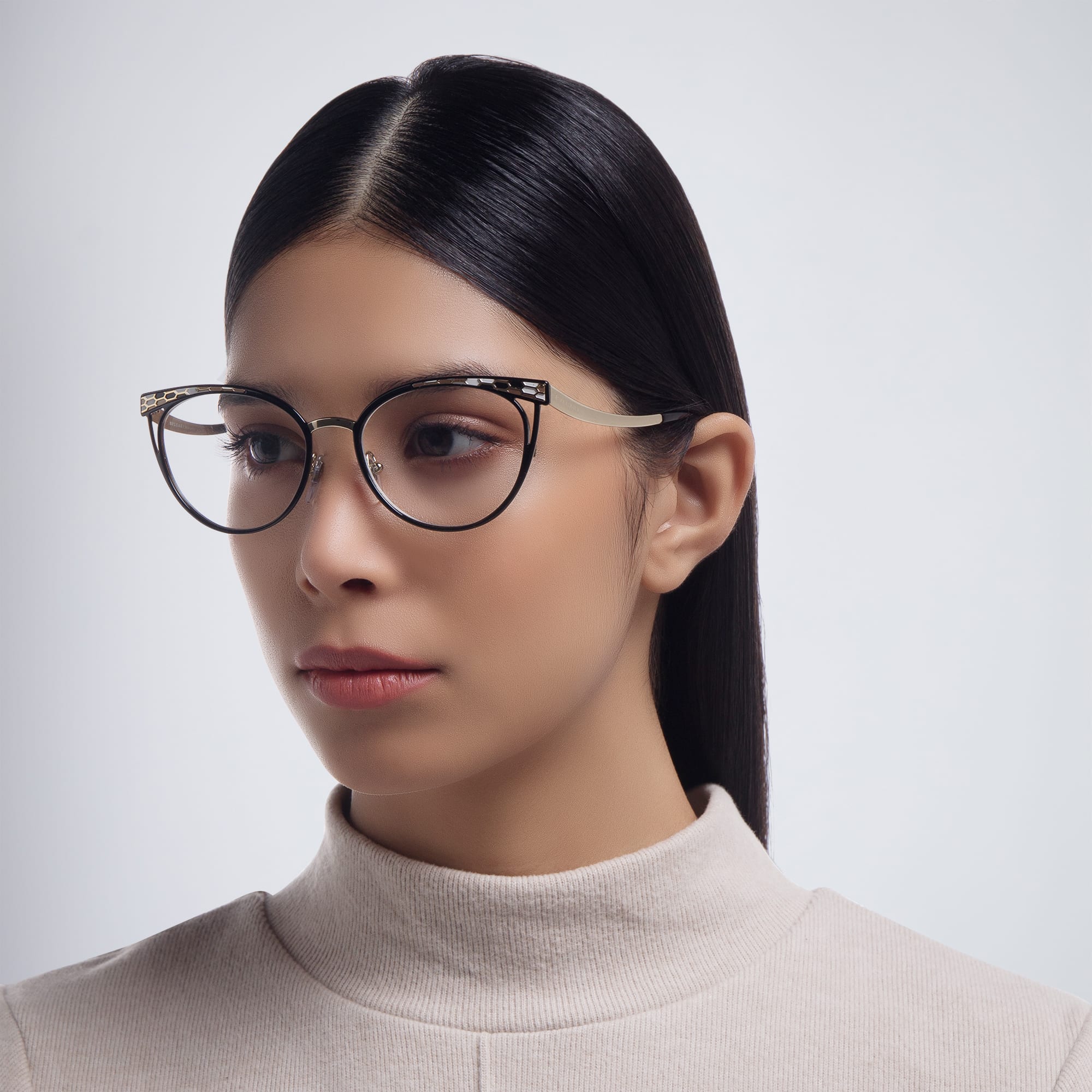 Shop BVLGARI Cat Eye Eyeglasses in Black/Pale Gold online.