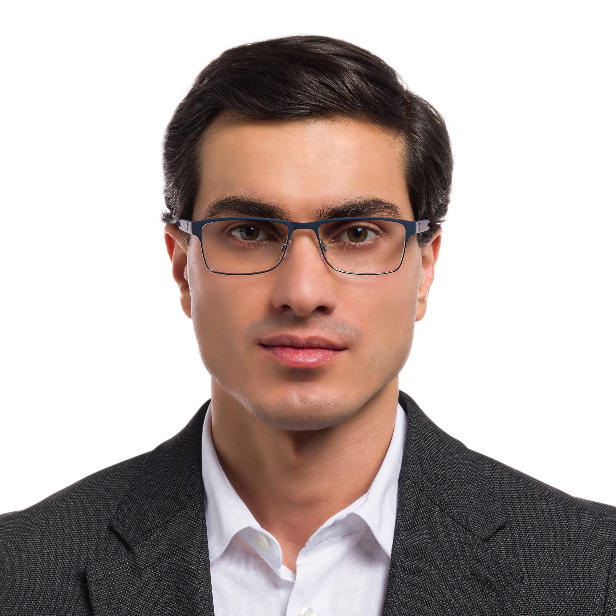 Shop Emporio Armani Rectangle Eyeglasses in Rubber Blue & Gunmetal online.