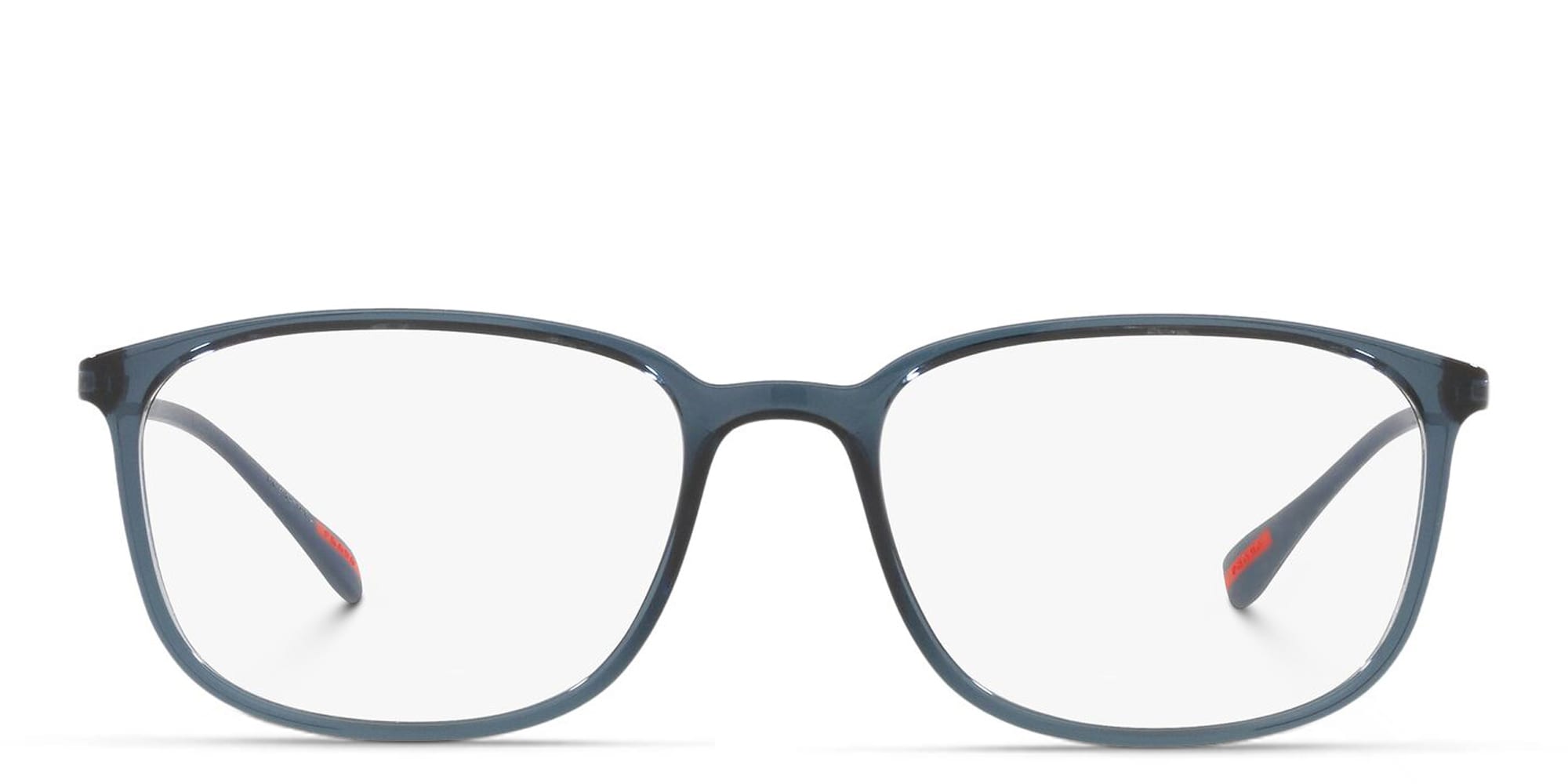Shop Prada Linea Rossa Wide Rectangle Eyeglasses in Transparent Blue online.