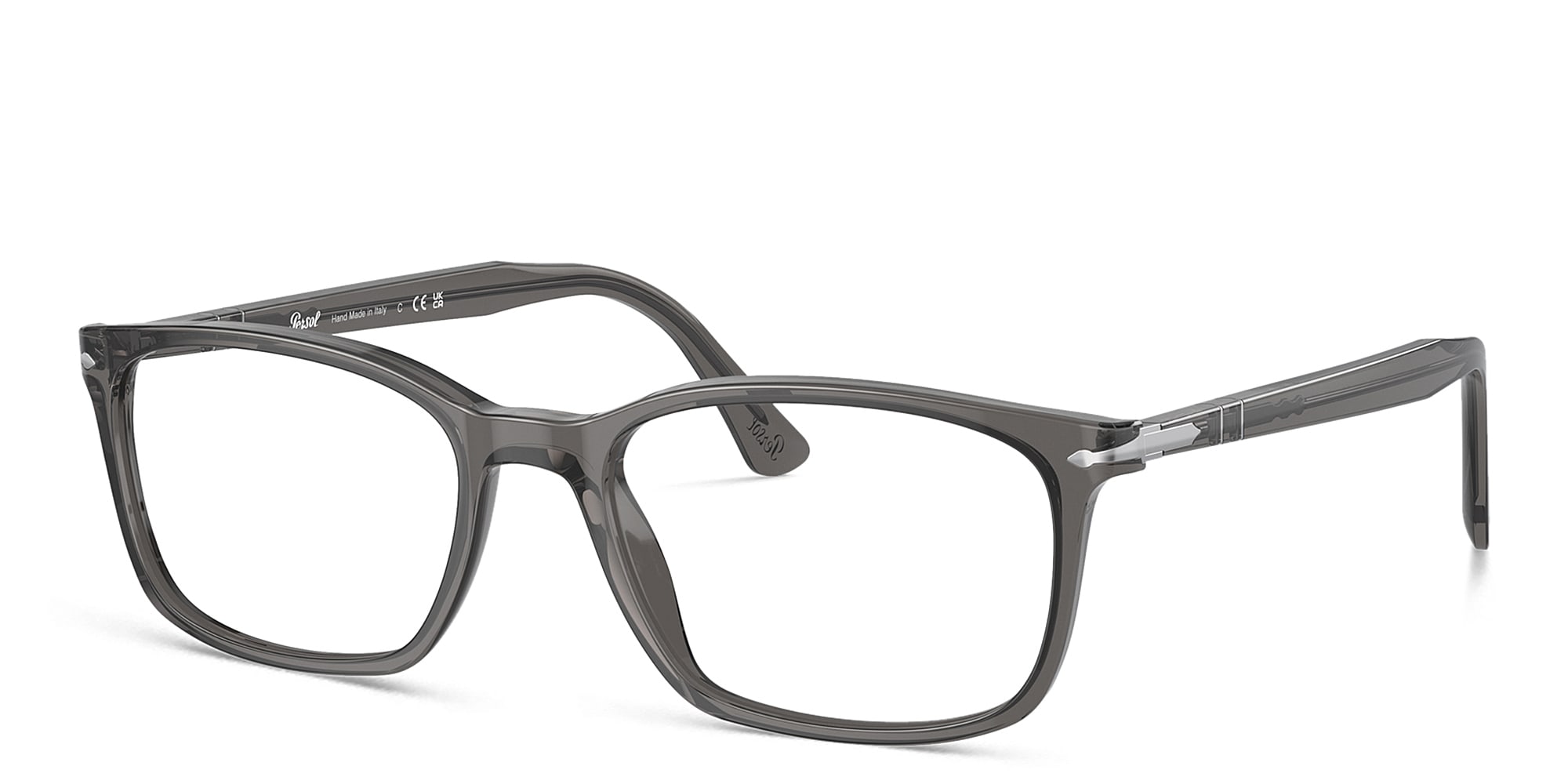 Shop PERSOL Wide Rectangle Eyeglasses in Transparent Grey online.