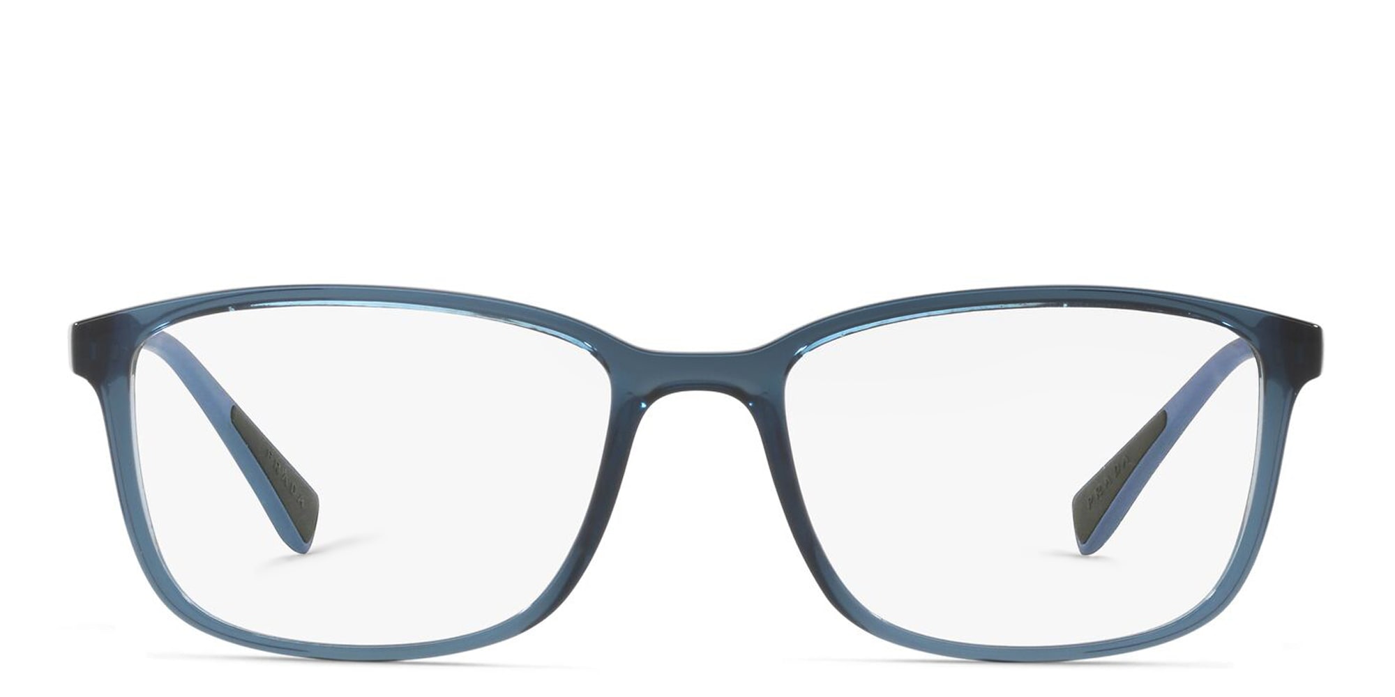 Shop Prada Linea Rossa Wide Rectangle Eyeglasses in Blue online.