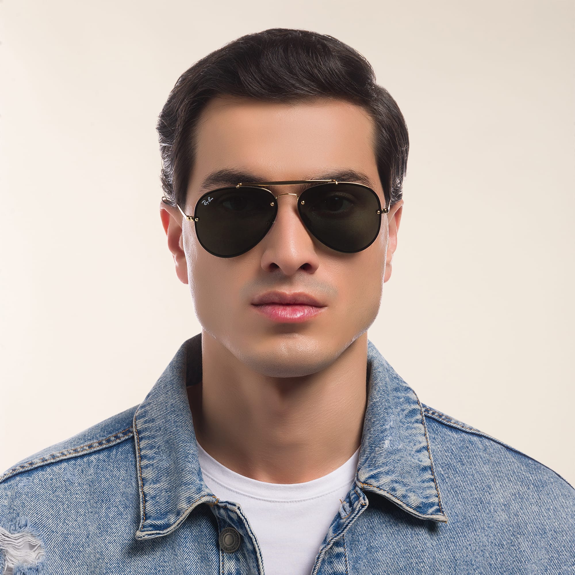 Shop Ray-Ban Blaze Aviator Unisex Rimless Sunglasses in Gold online.