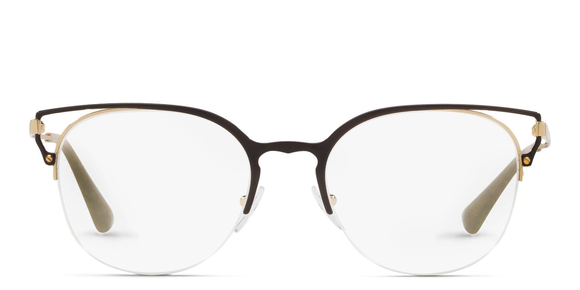 Shop PRADA Half Rim Round Eyeglasses in Brown online.