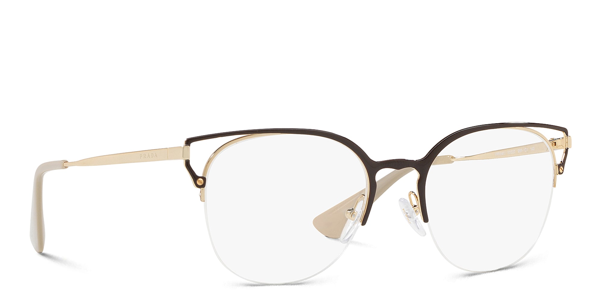 Shop PRADA Half Rim Round Eyeglasses in Brown online.
