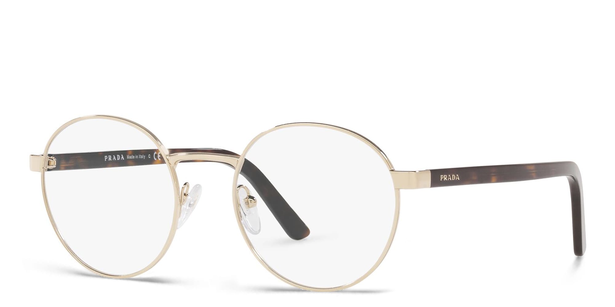 Shop PRADA Round Eyeglasses in Pale Gold online.