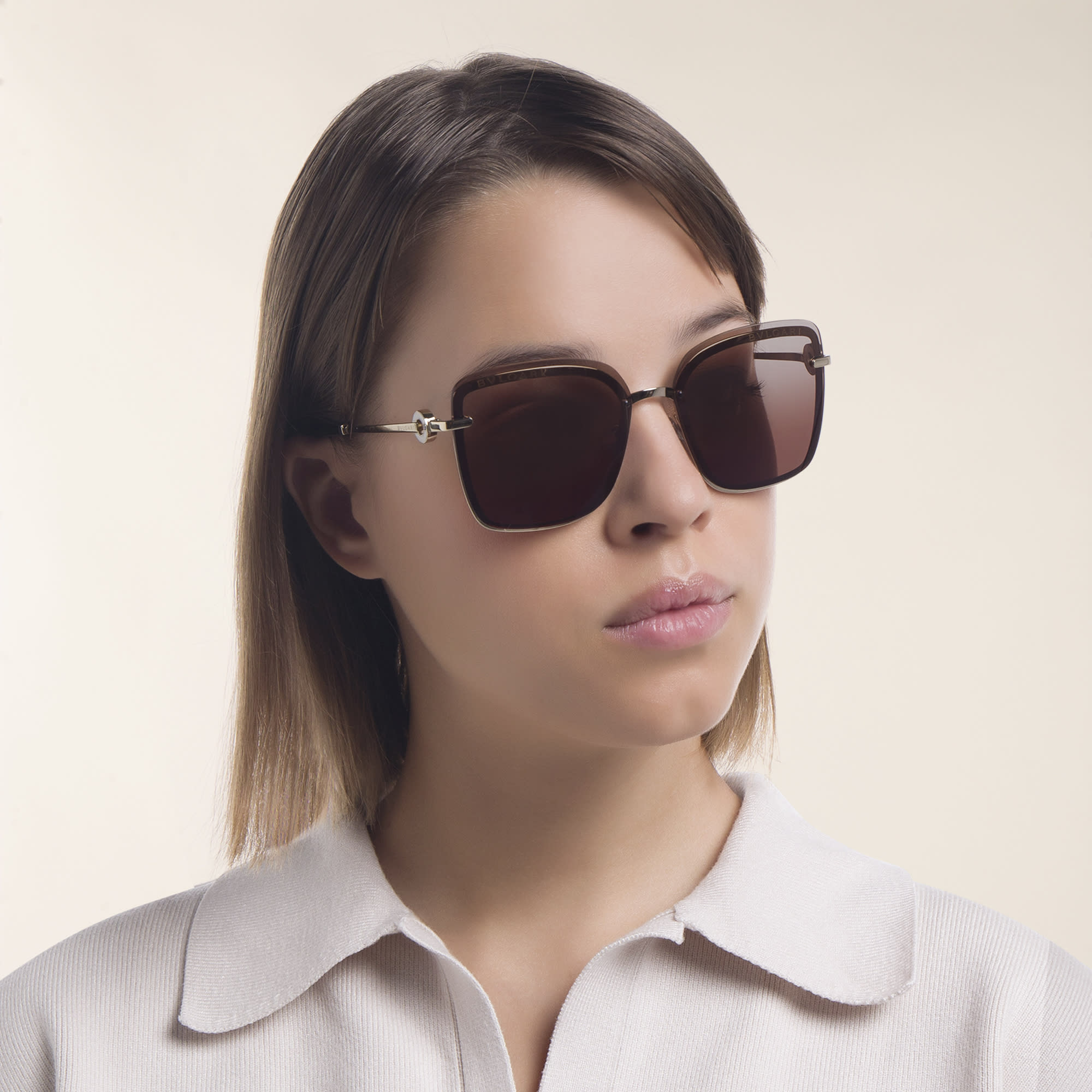 Shop BVLGARI Wide Square Sunglasses in Pale Gold online.
