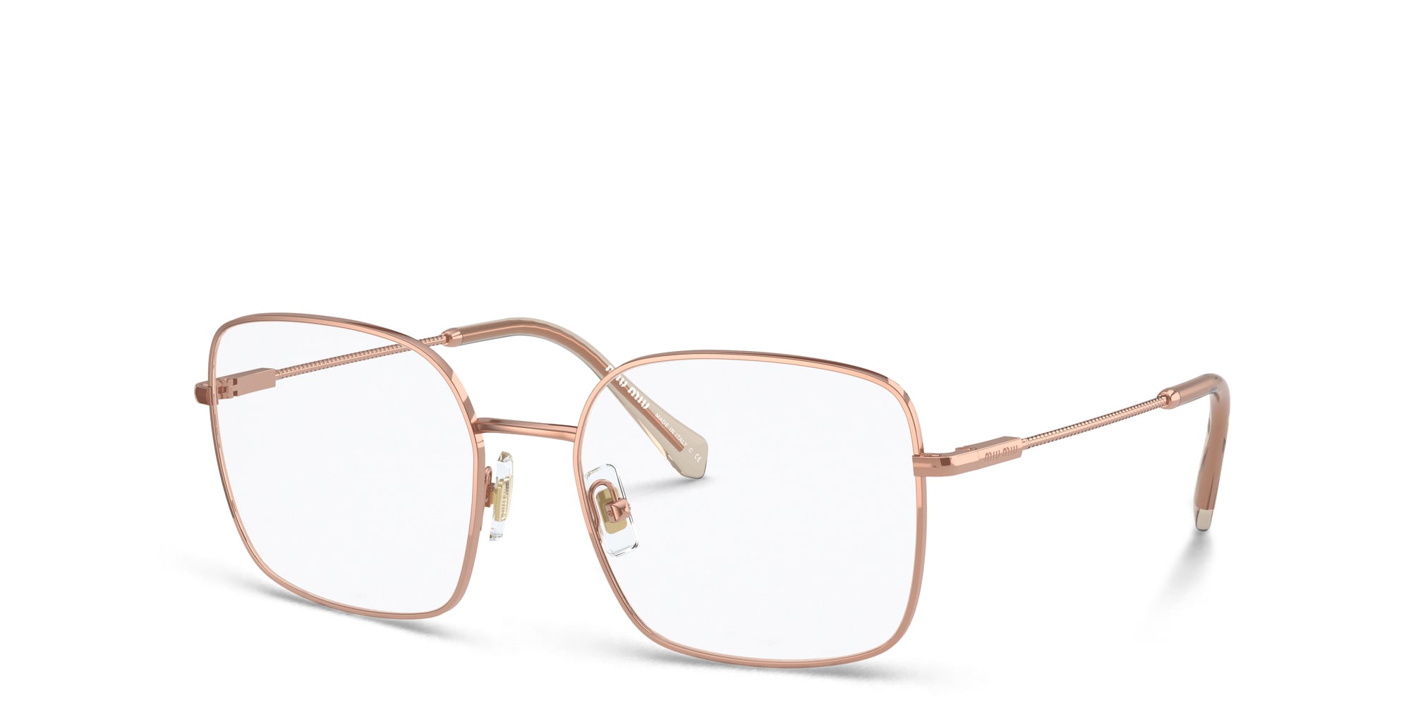 Shop MIU MIU Wide Square Eyeglasses in Pink Gold online.