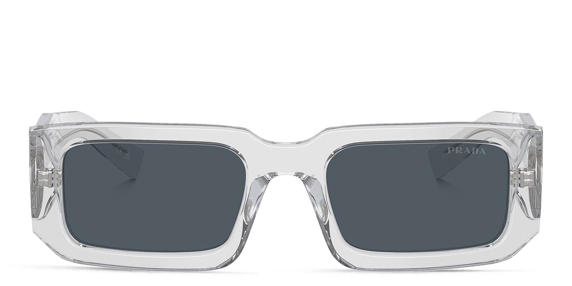 Shop PRADA Logo Rectangle Sunglasses in Transparent Grey online.
