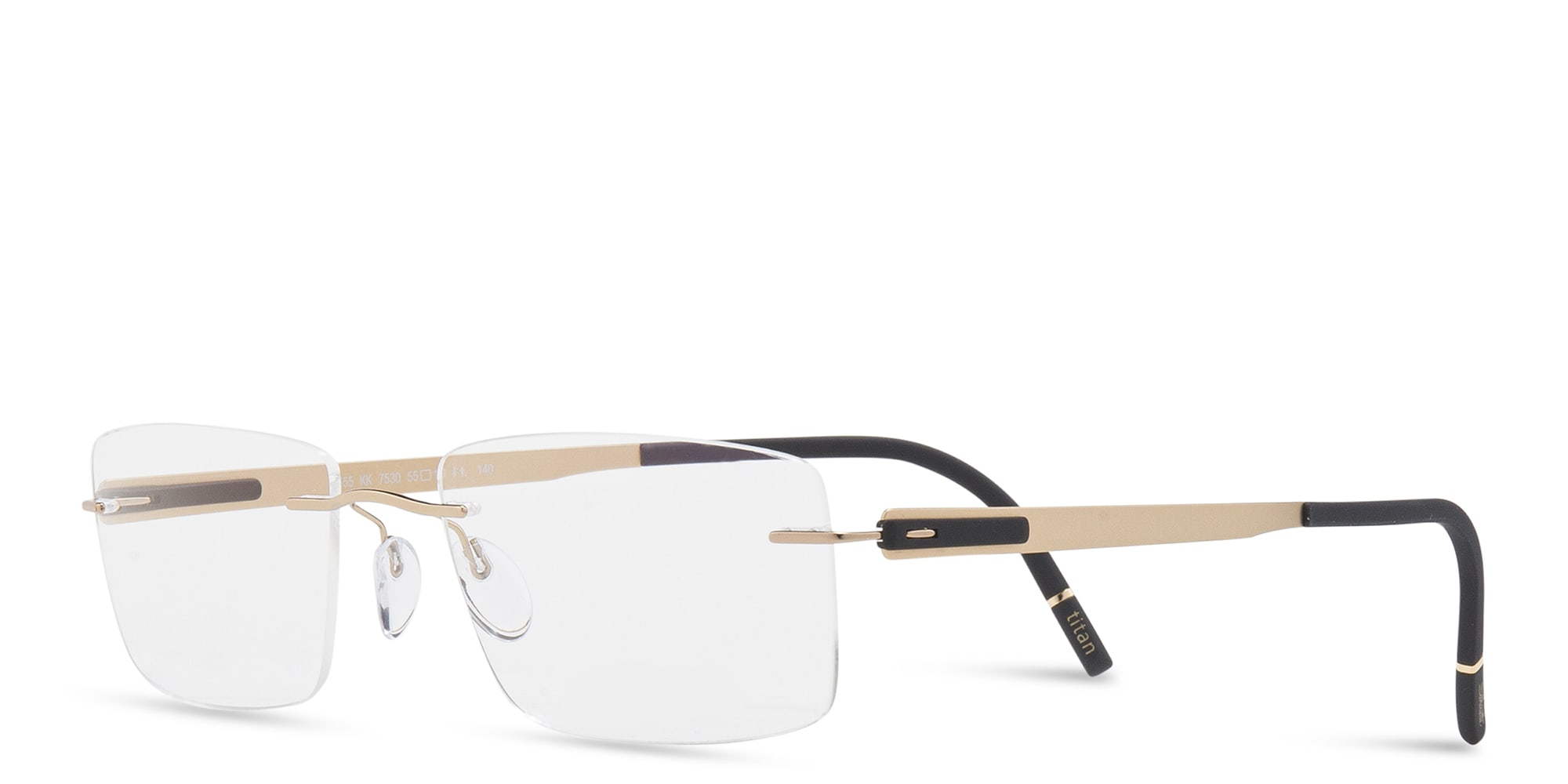 Shop Silhouette Rimless Wide Rectangle Eyeglasses in Gold online.