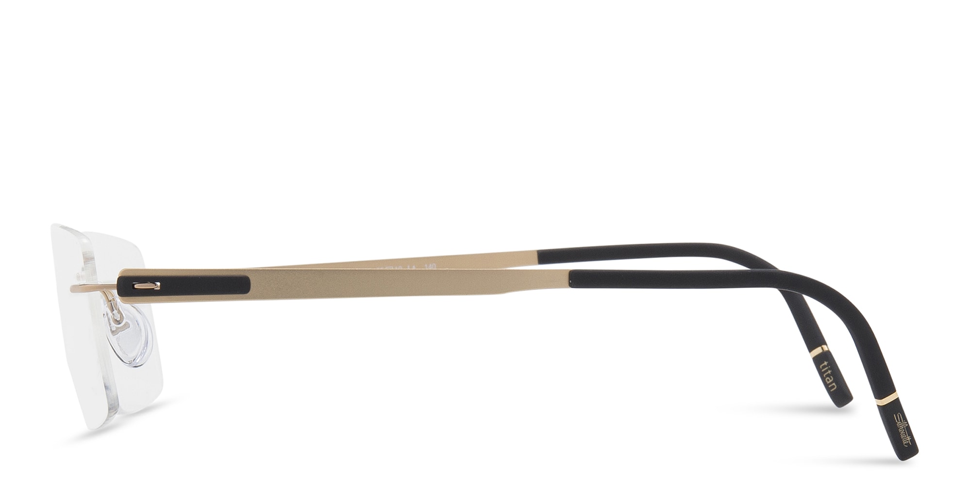 Shop Silhouette Rimless Wide Rectangle Eyeglasses in Gold online.