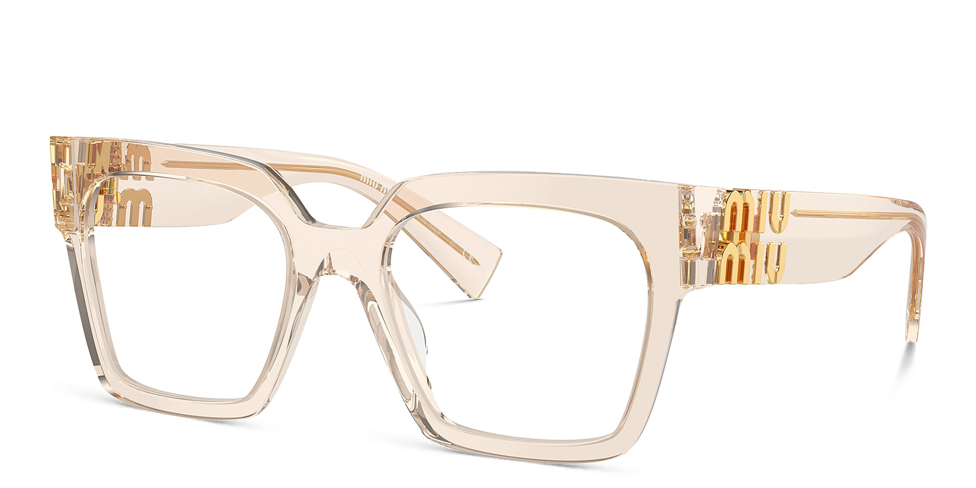 Shop MIU MIU Vertical Logo Square Eyeglasses in Matte Sand online.