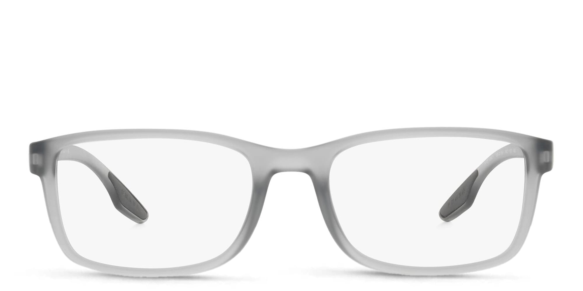 Shop Prada Linea Rossa Wide Rectangle Eyeglasses in Grey Transparent online.