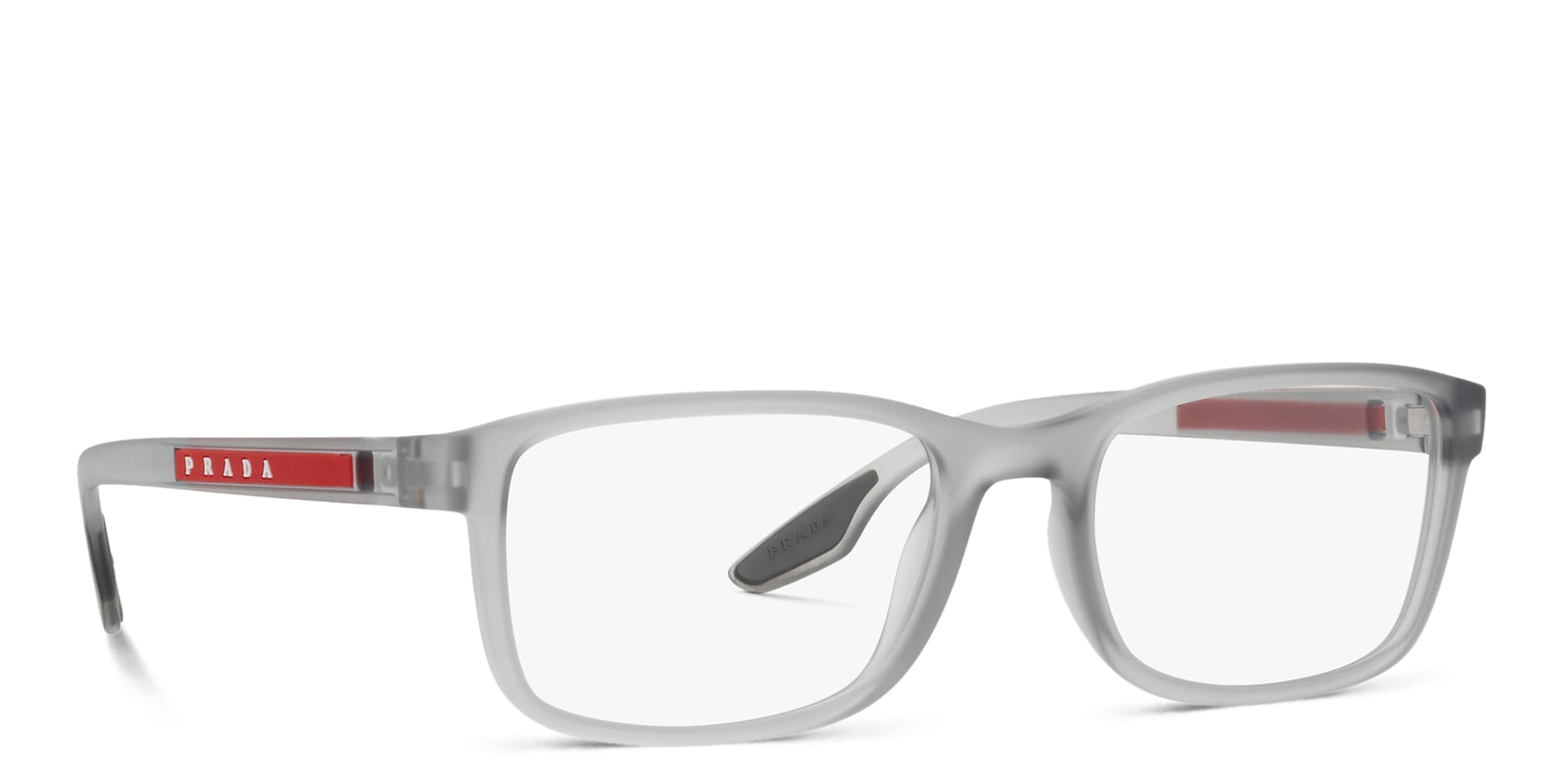 Shop Prada Linea Rossa Wide Rectangle Eyeglasses in Grey Transparent online.