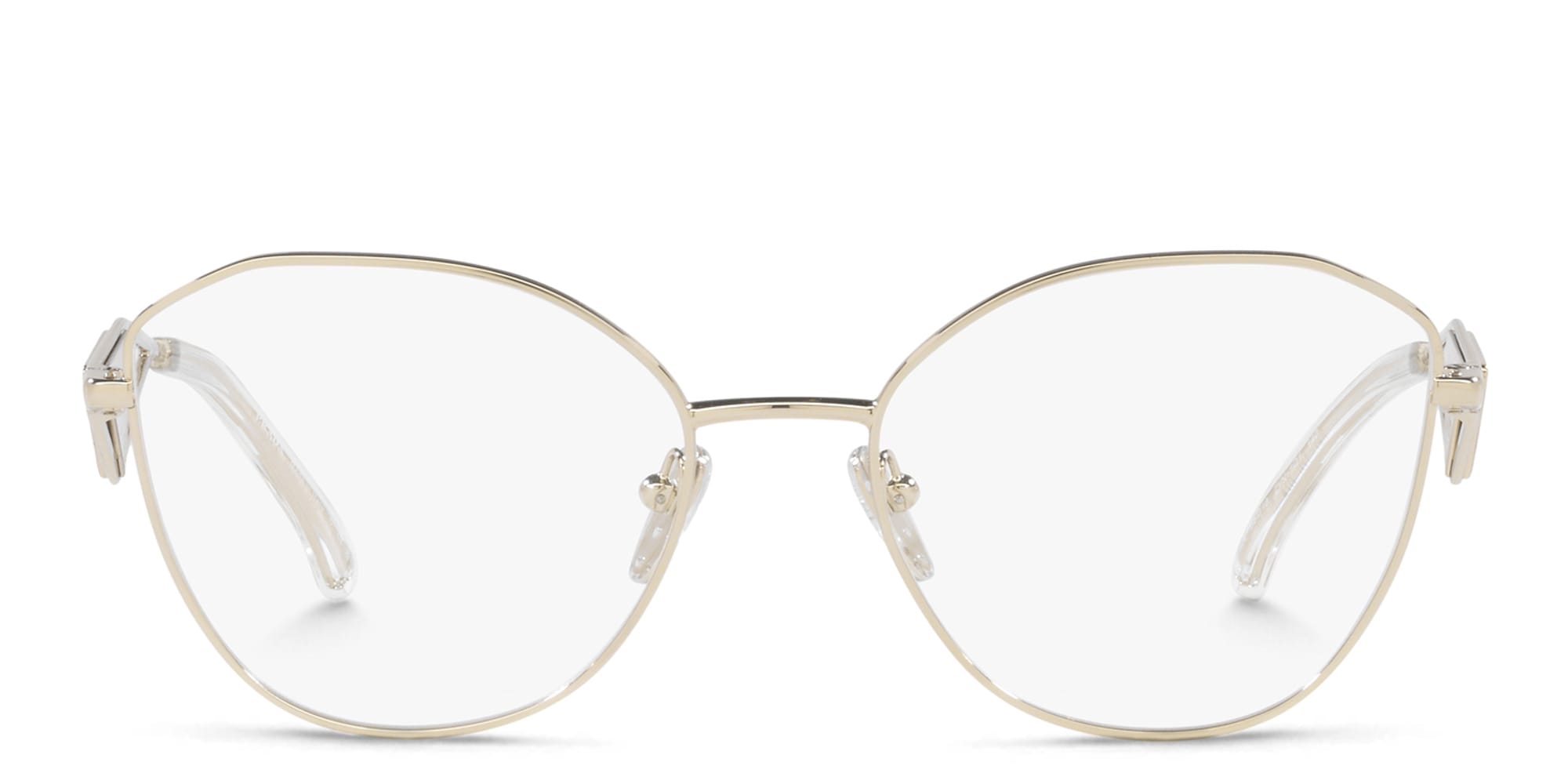 Shop PRADA Irregular Eyeglasses in Pale Gold online.