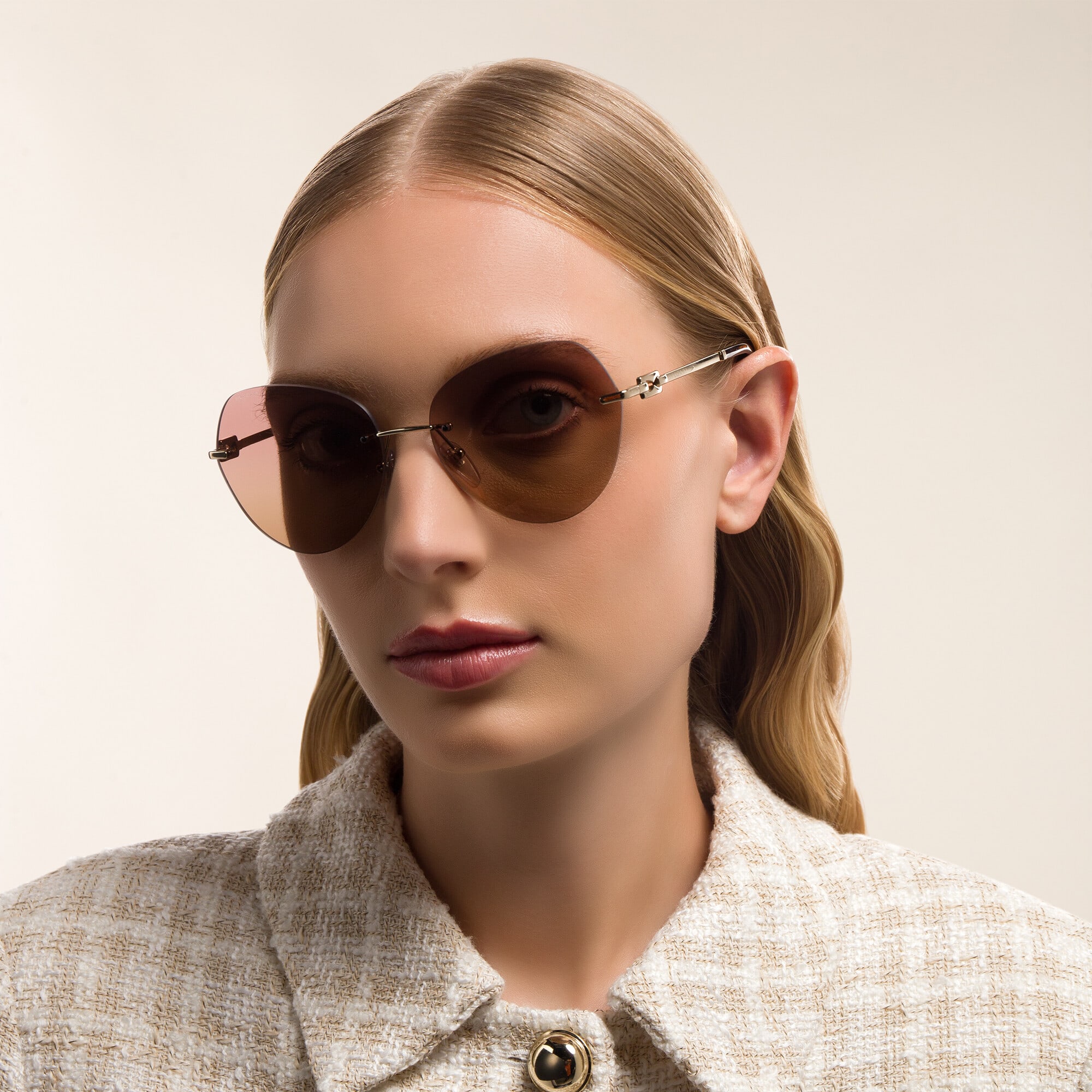 Shop BVLGARI Rimless Pilot Sunglasses in Pale Gold online.