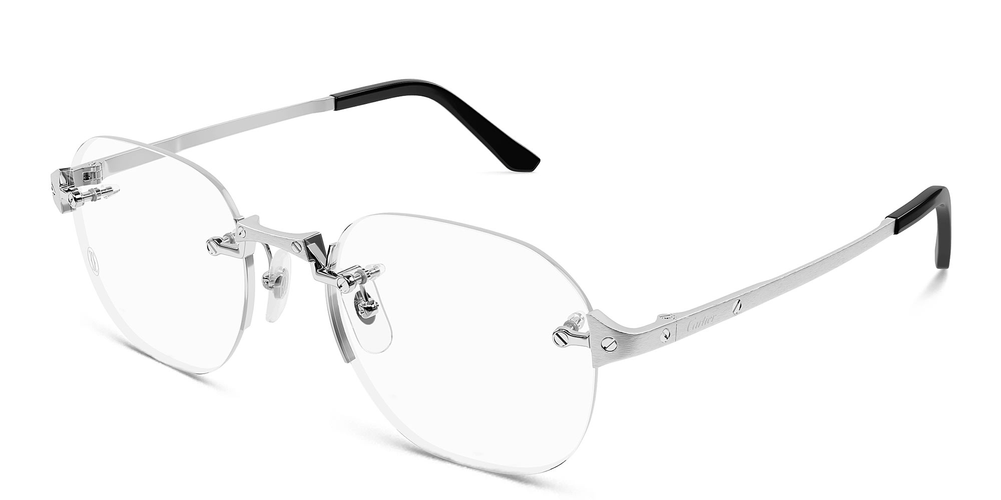 Shop Cartier Santos de Cartier Rimless Round Eyeglasses in Silver online.