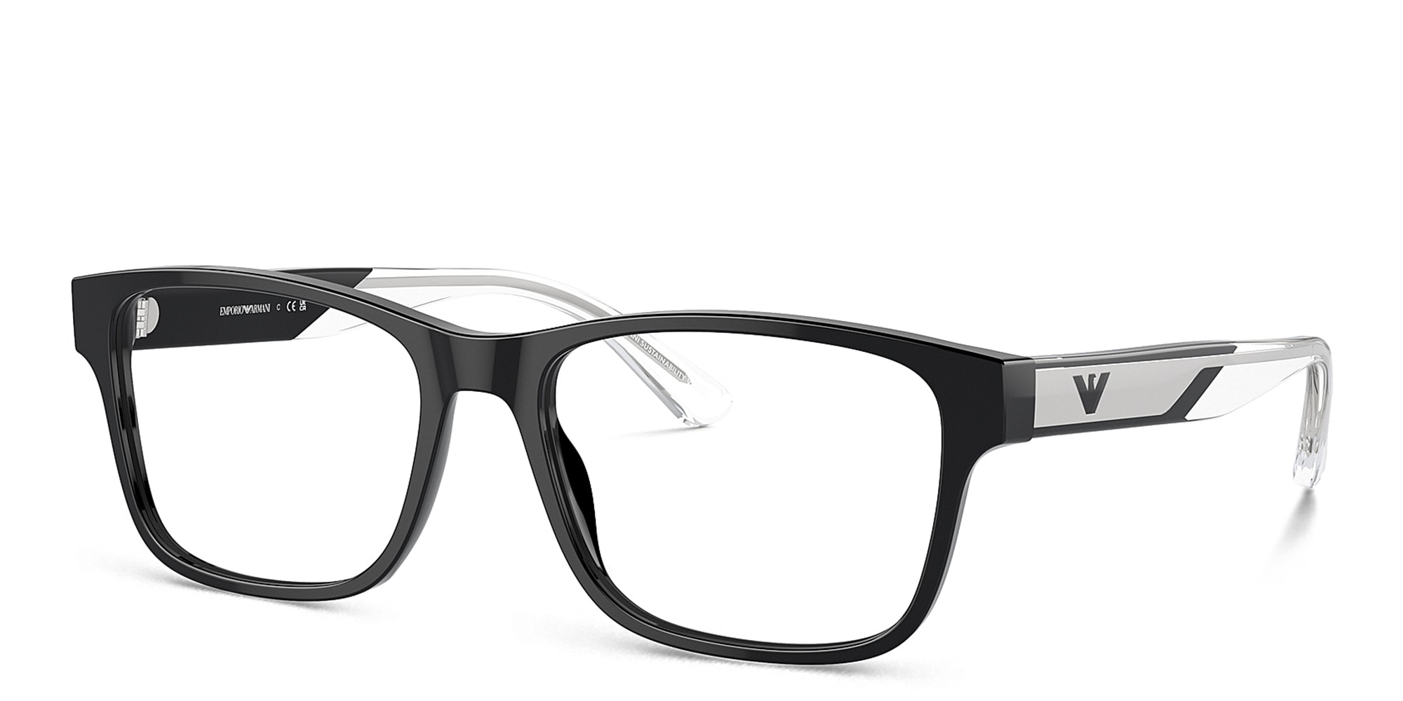 Shop Emporio Armani Logo Wide Rectangle Eyeglasses in Black online.