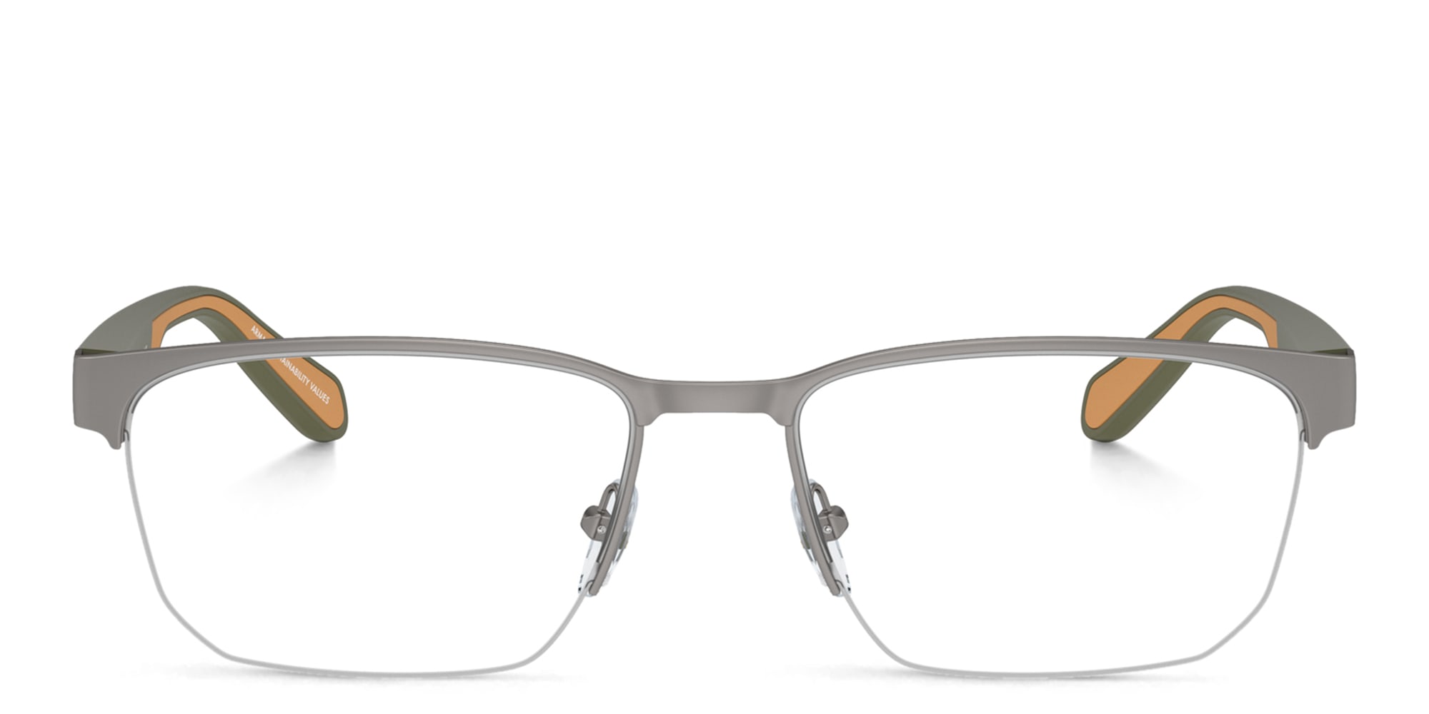 Shop Emporio Armani Logo Wide Half-Rim Irregular Eyeglasses in Matte Gunmetal online.