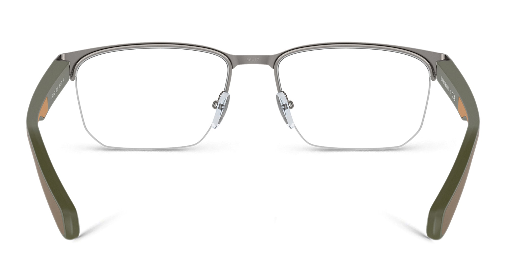 Shop Emporio Armani Logo Wide Half-Rim Irregular Eyeglasses in Matte Gunmetal online.
