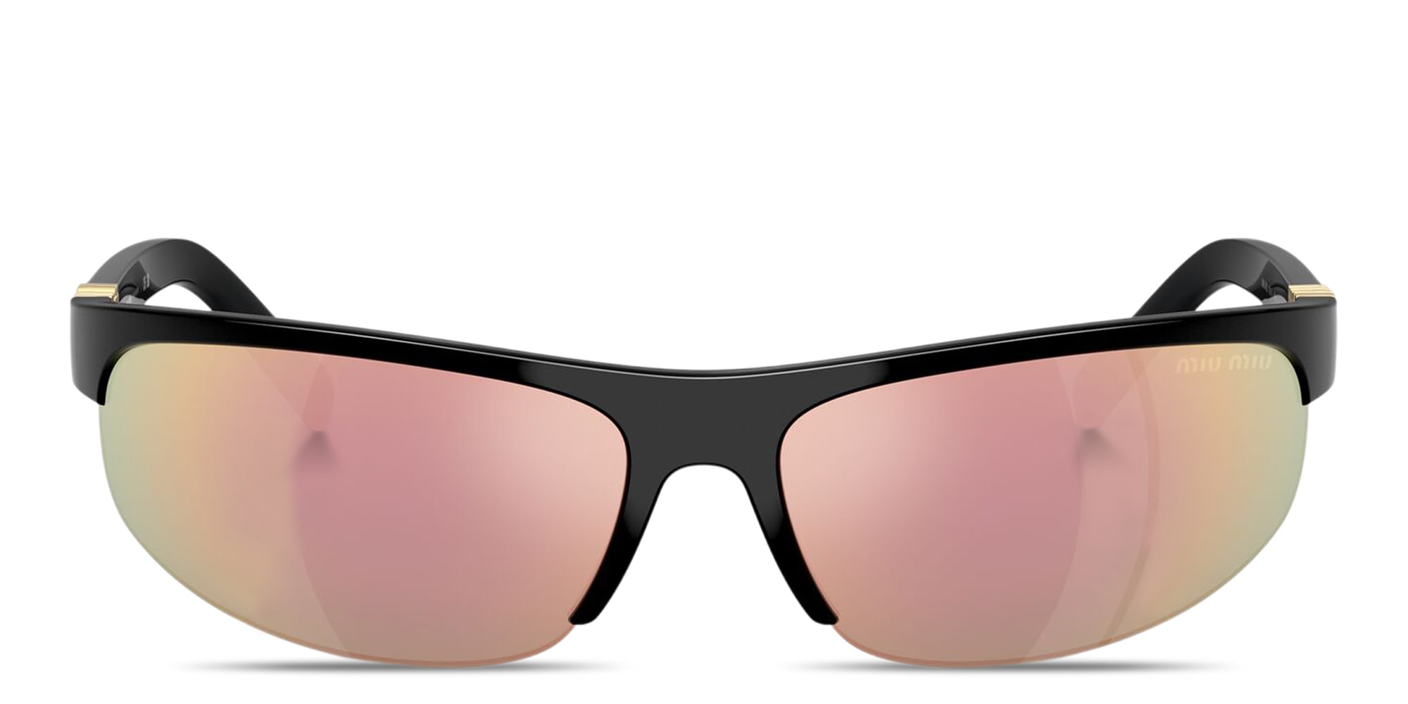 Shop MIU MIU Vertical Logo Wide Half-Rim Oval Sunglasses in Black online.