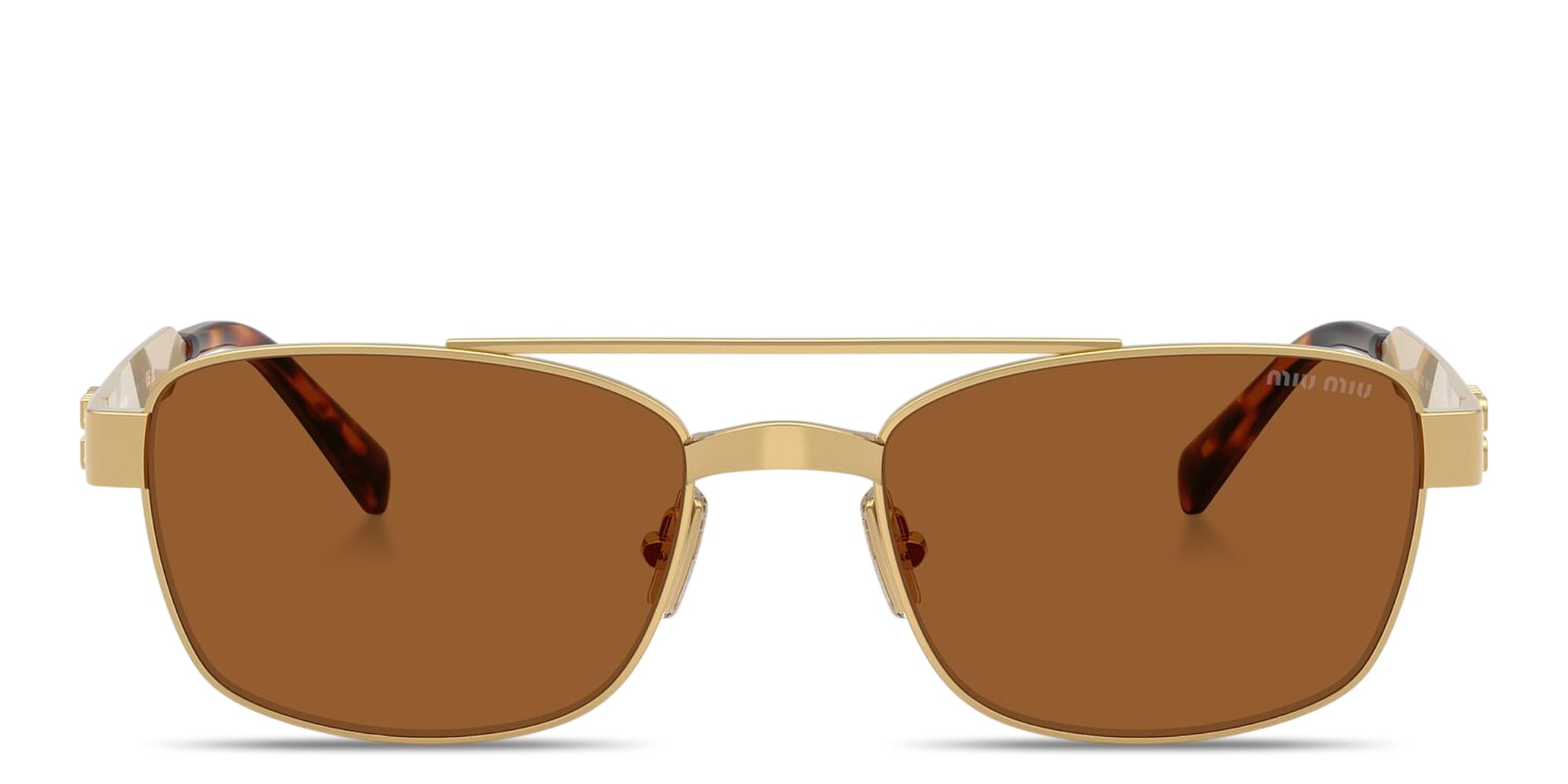 Shop MIU MIU Vertical Logo Rectangle Sunglasses in Gold online.