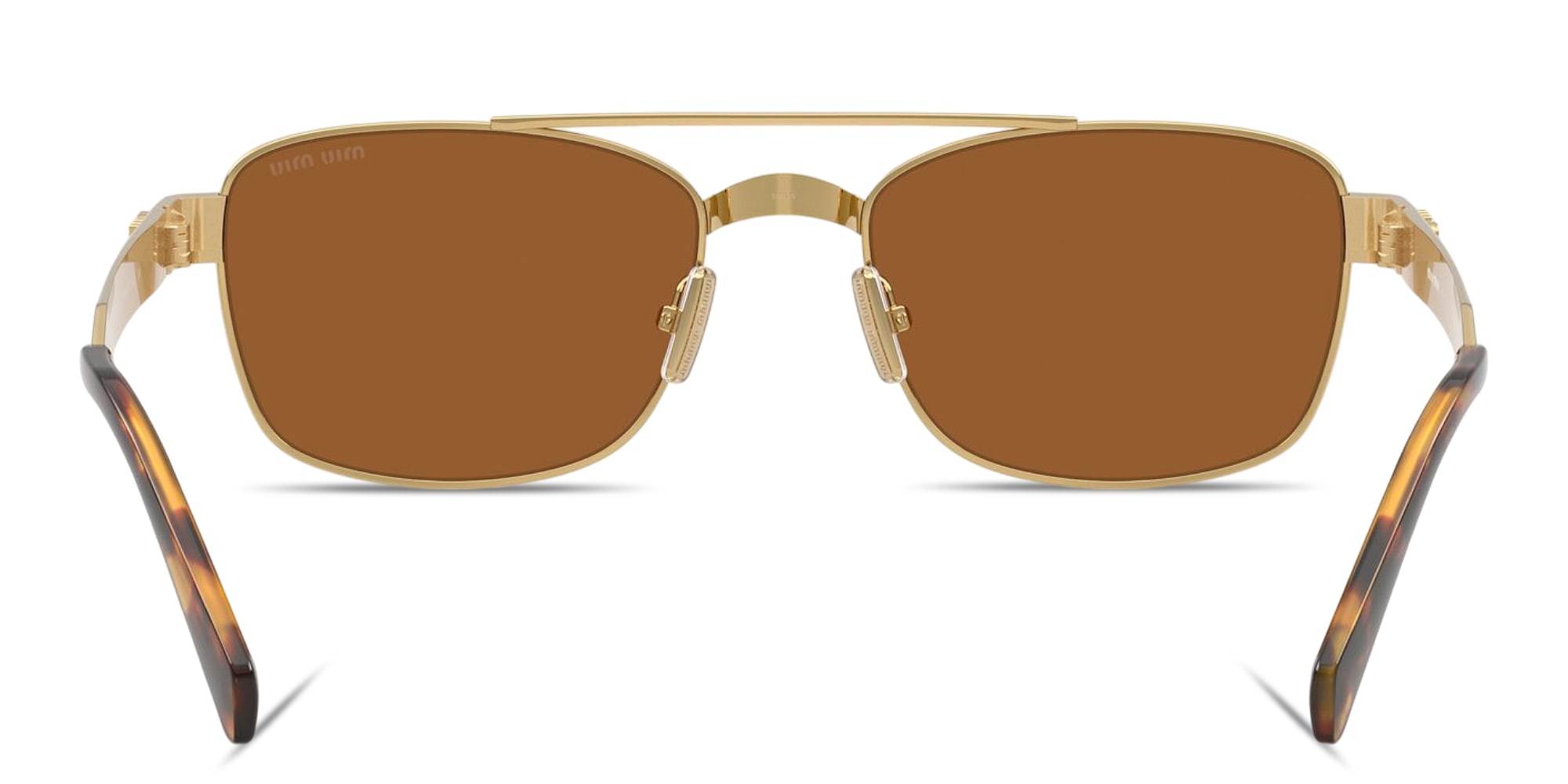 Shop MIU MIU Vertical Logo Rectangle Sunglasses in Gold online.