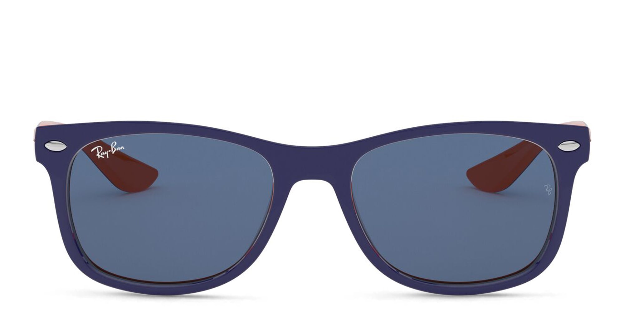 Shop Ray-Ban Junior Kids New Wayfarer Square Sunglasses in Blue On Orange online.