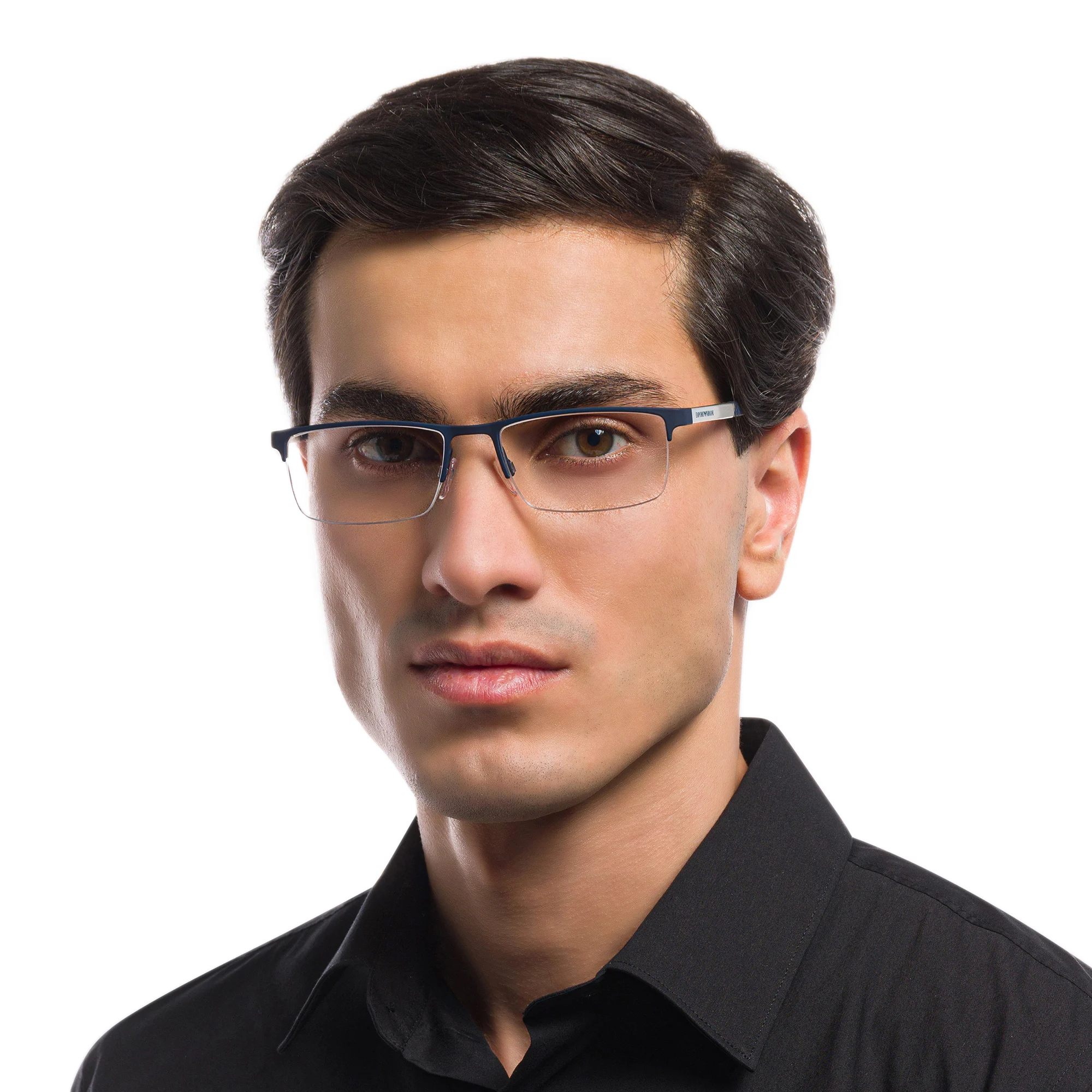 Shop Emporio Armani Half Rim Rectangle Eyeglasses in Rubber Blue online.