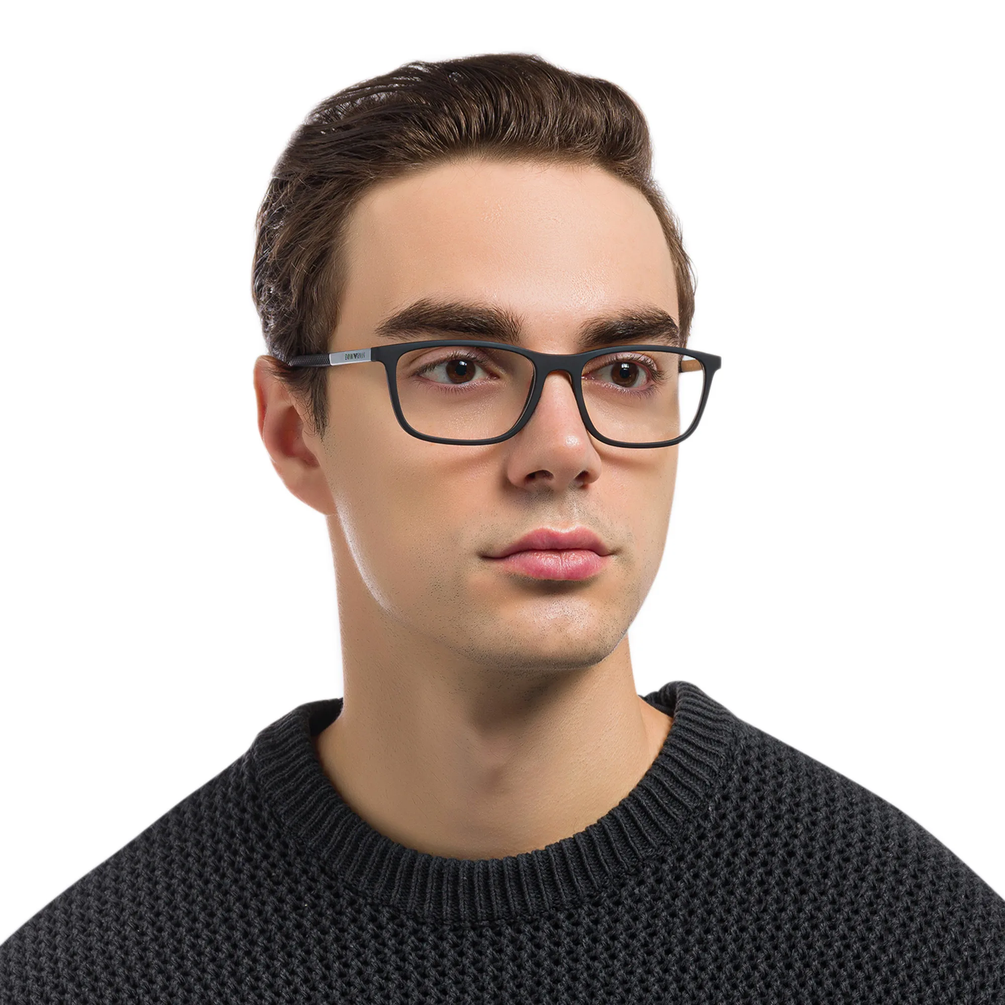 Shop Emporio Armani Rectangle Eyeglasses in Rubber Black online.