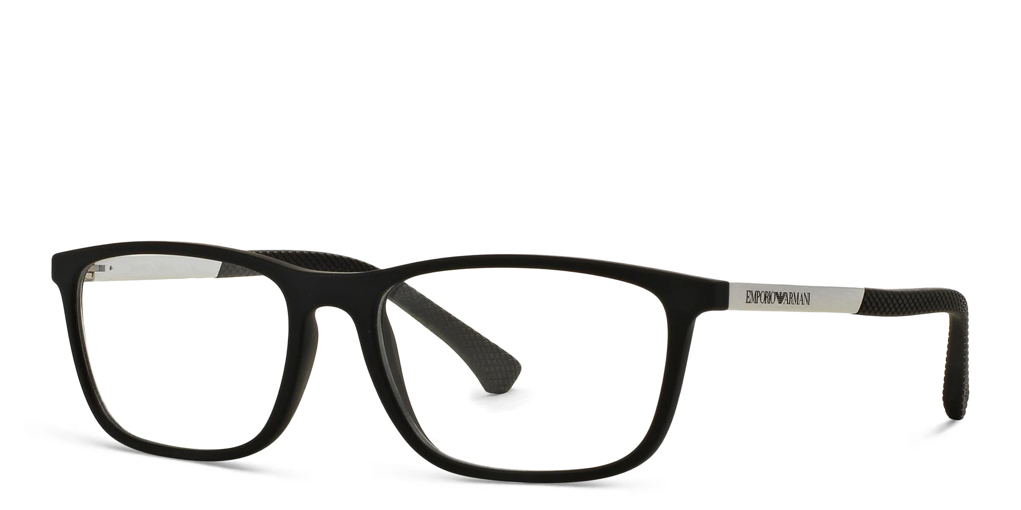 Shop Emporio Armani Rectangle Eyeglasses in Rubber Black online.