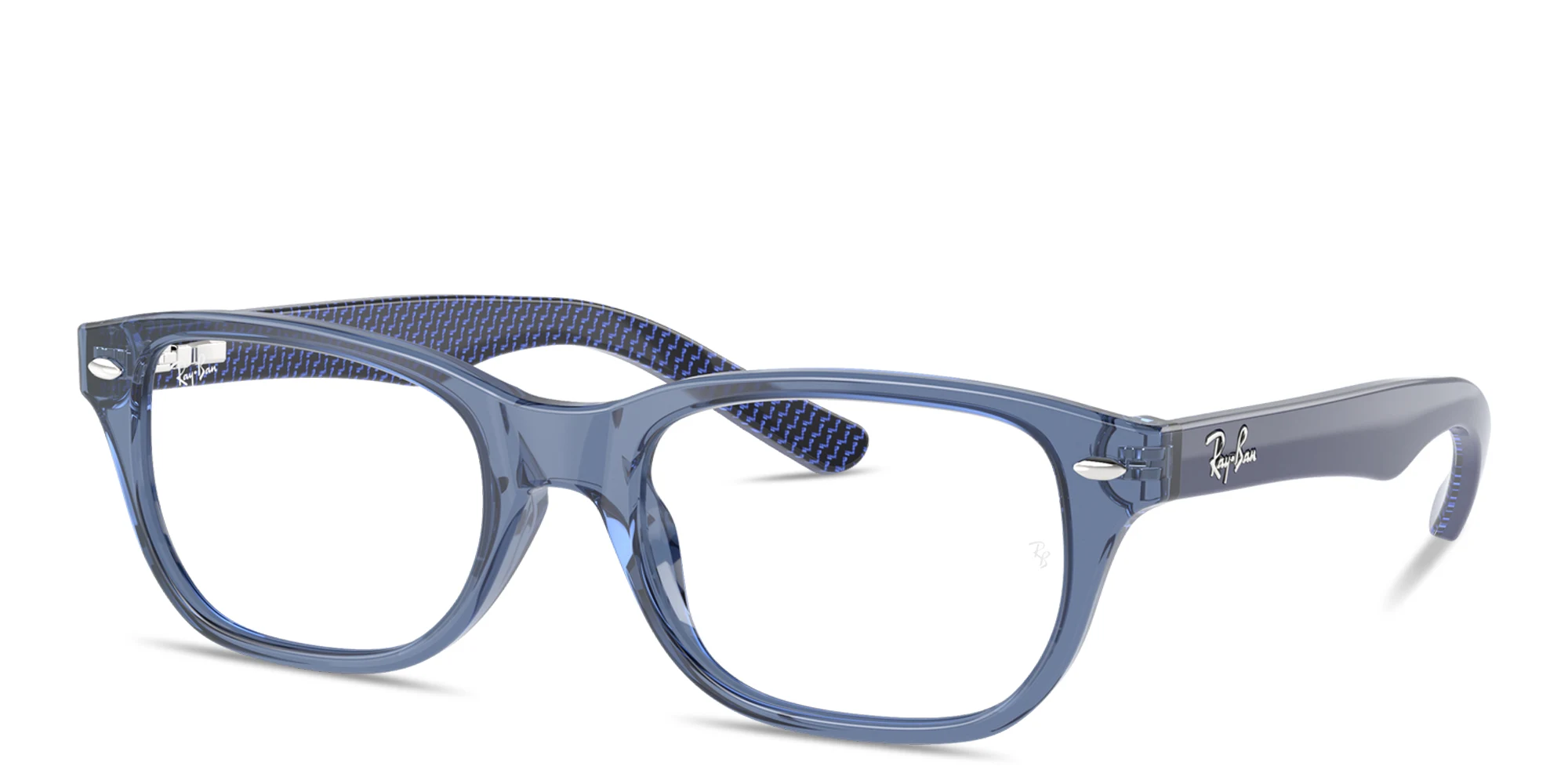 Shop Ray-Ban Junior Logo Kids Rectangle Eyeglasses in Transparent Blue online.