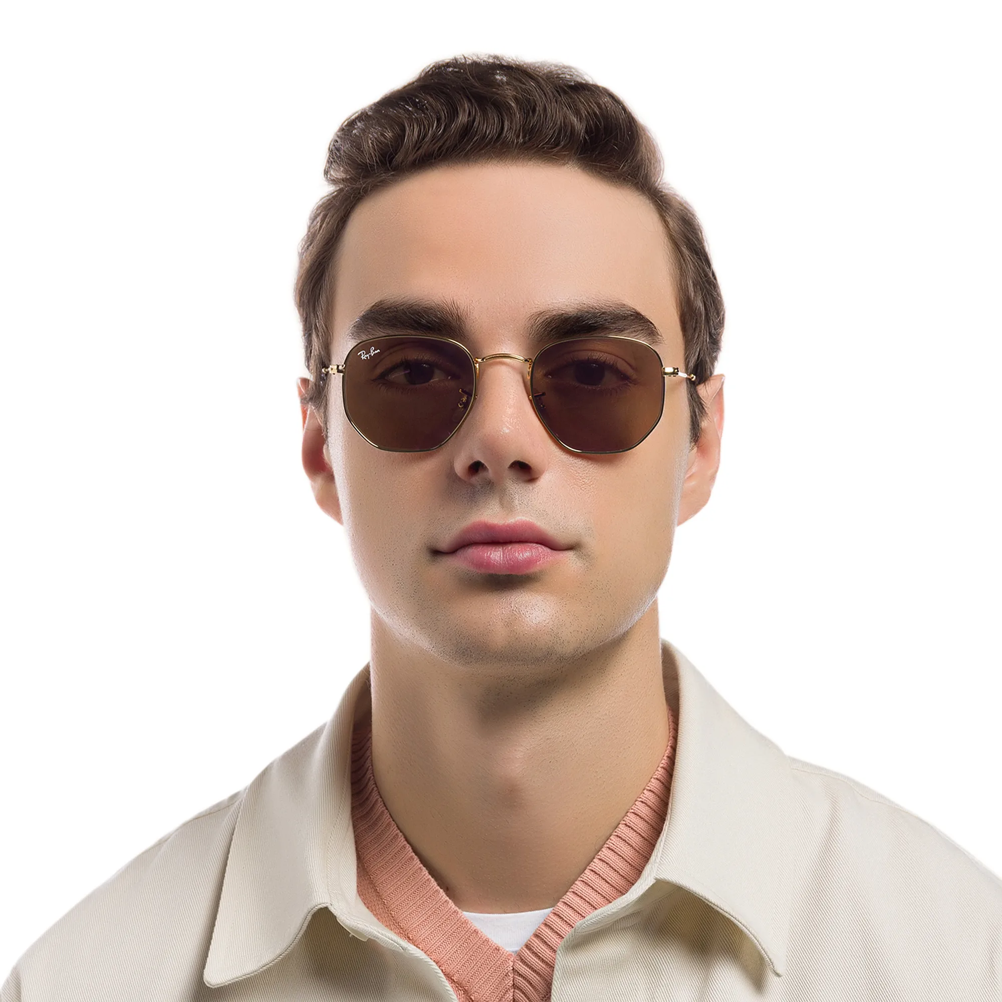 Shop Ray-Ban Hexagonal Unisex Sunglasses in Gold online.