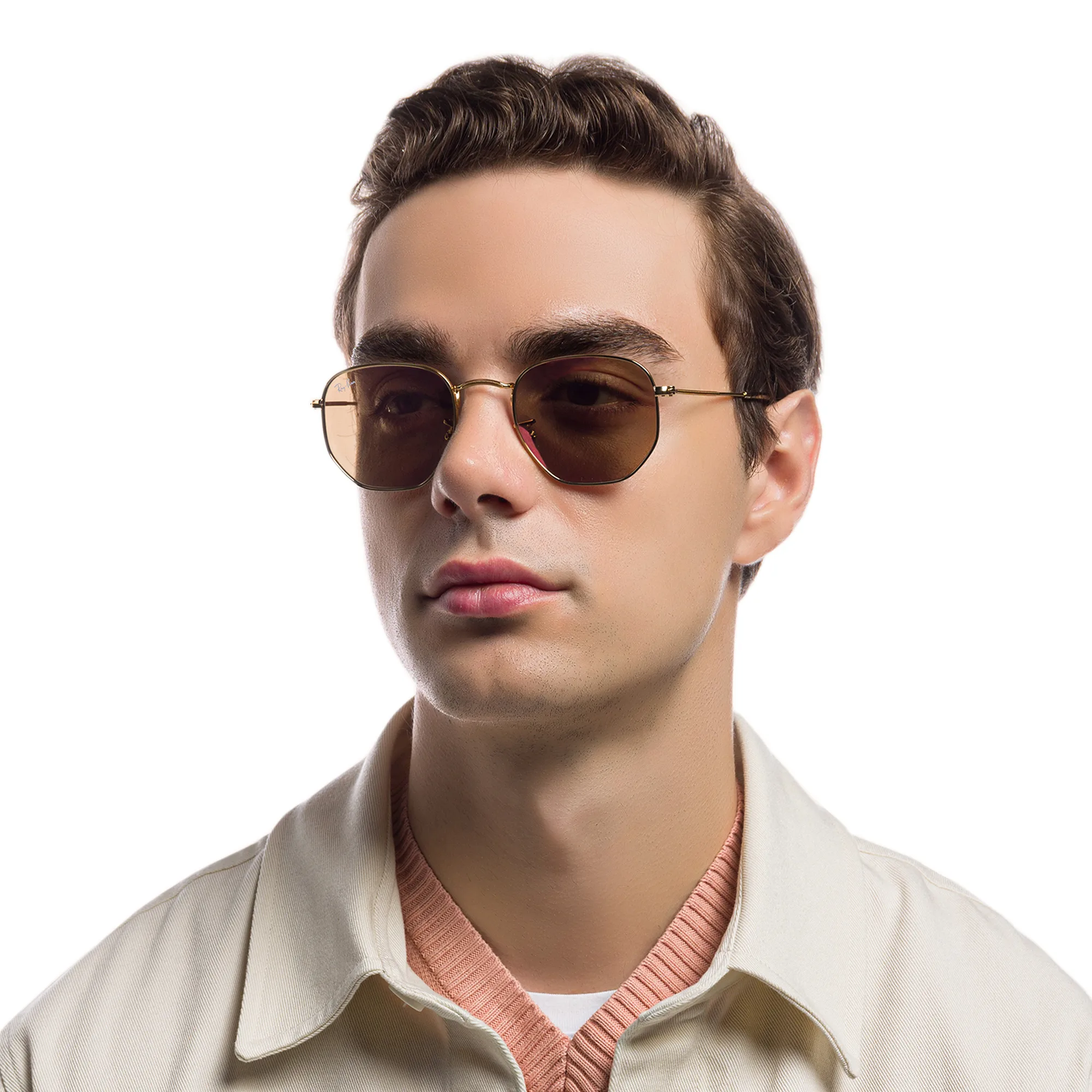 Shop Ray-Ban Hexagonal Unisex Sunglasses in Gold online.