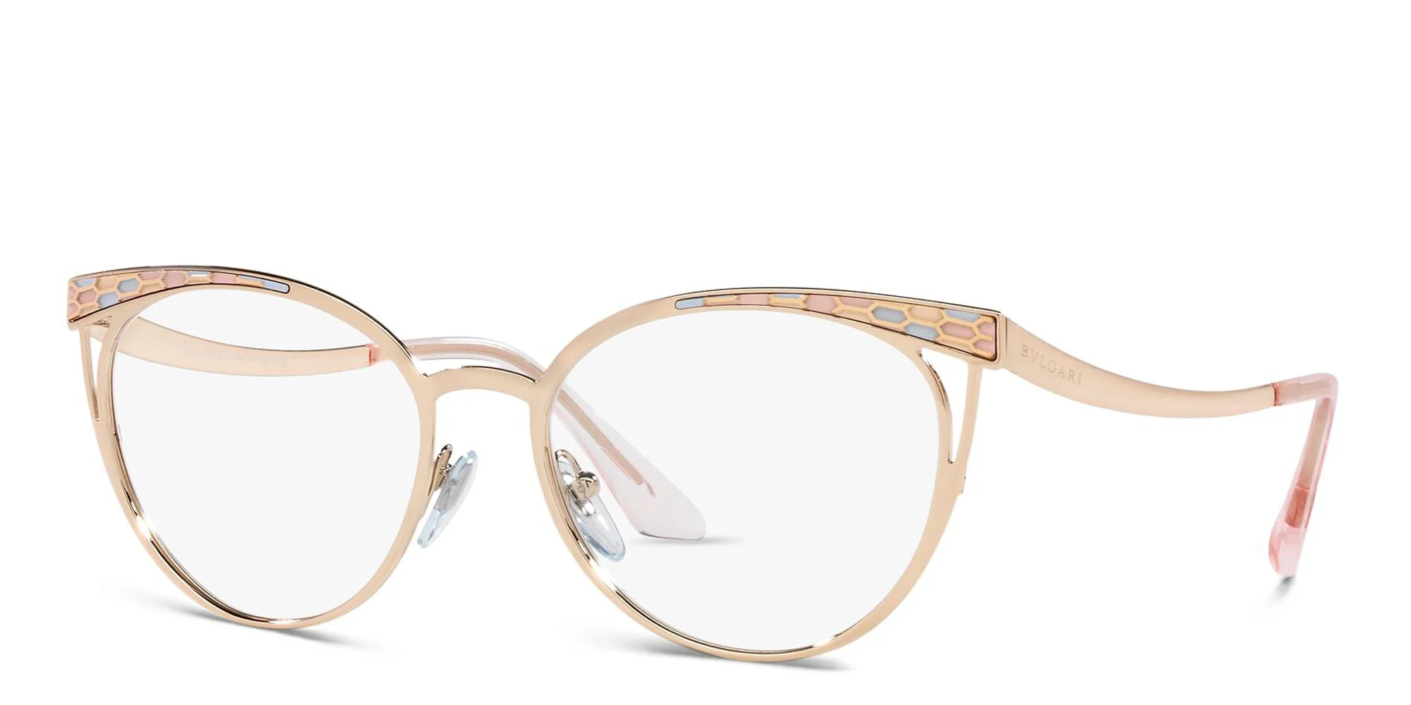 Shop BVLGARI Cat Eye Eyeglasses in Pink Gold online.