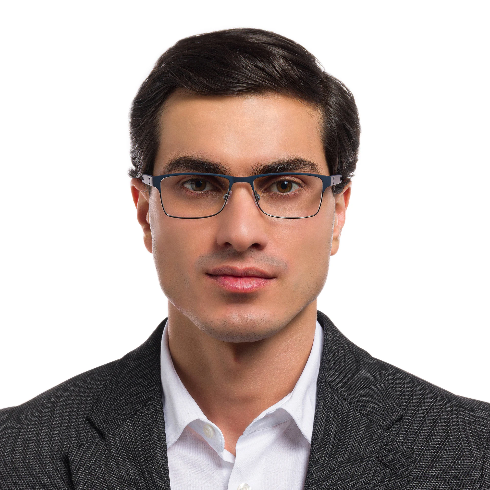 Shop Emporio Armani Rectangle Eyeglasses in Rubber Blue & Gunmetal online.