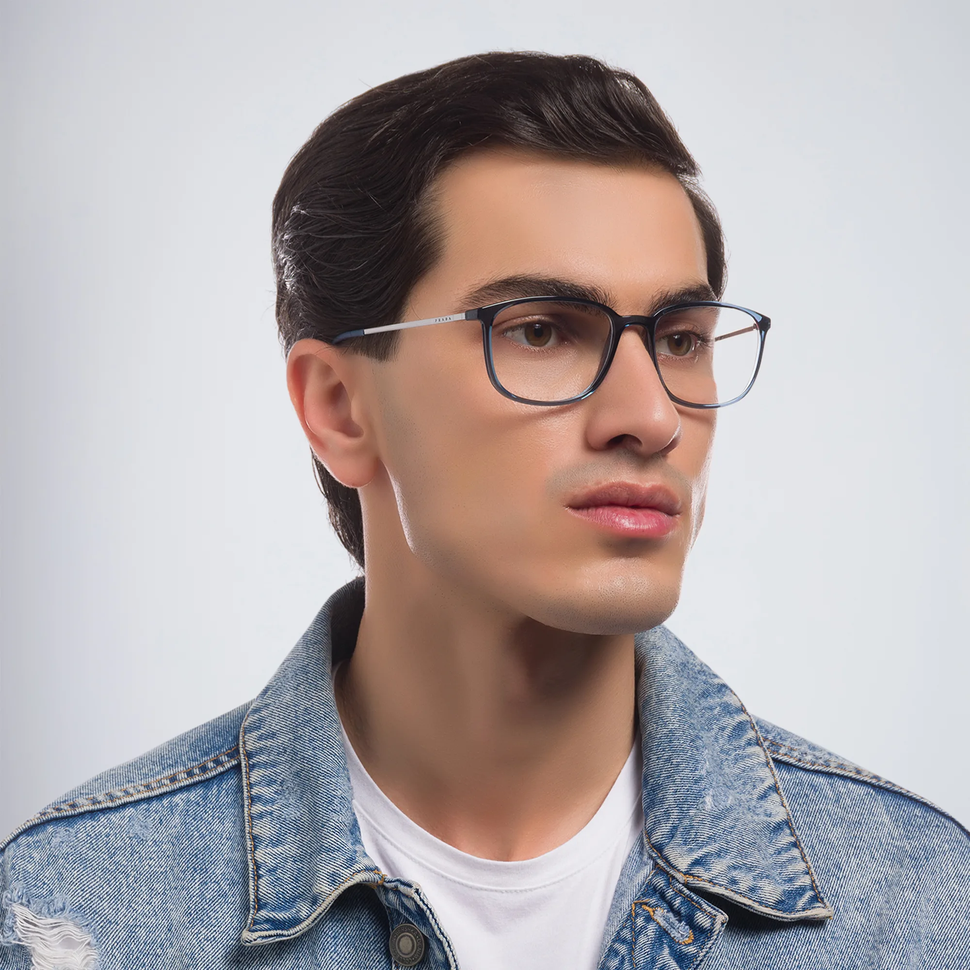 Shop Prada Linea Rossa Wide Rectangle Eyeglasses in Transparent Blue online.