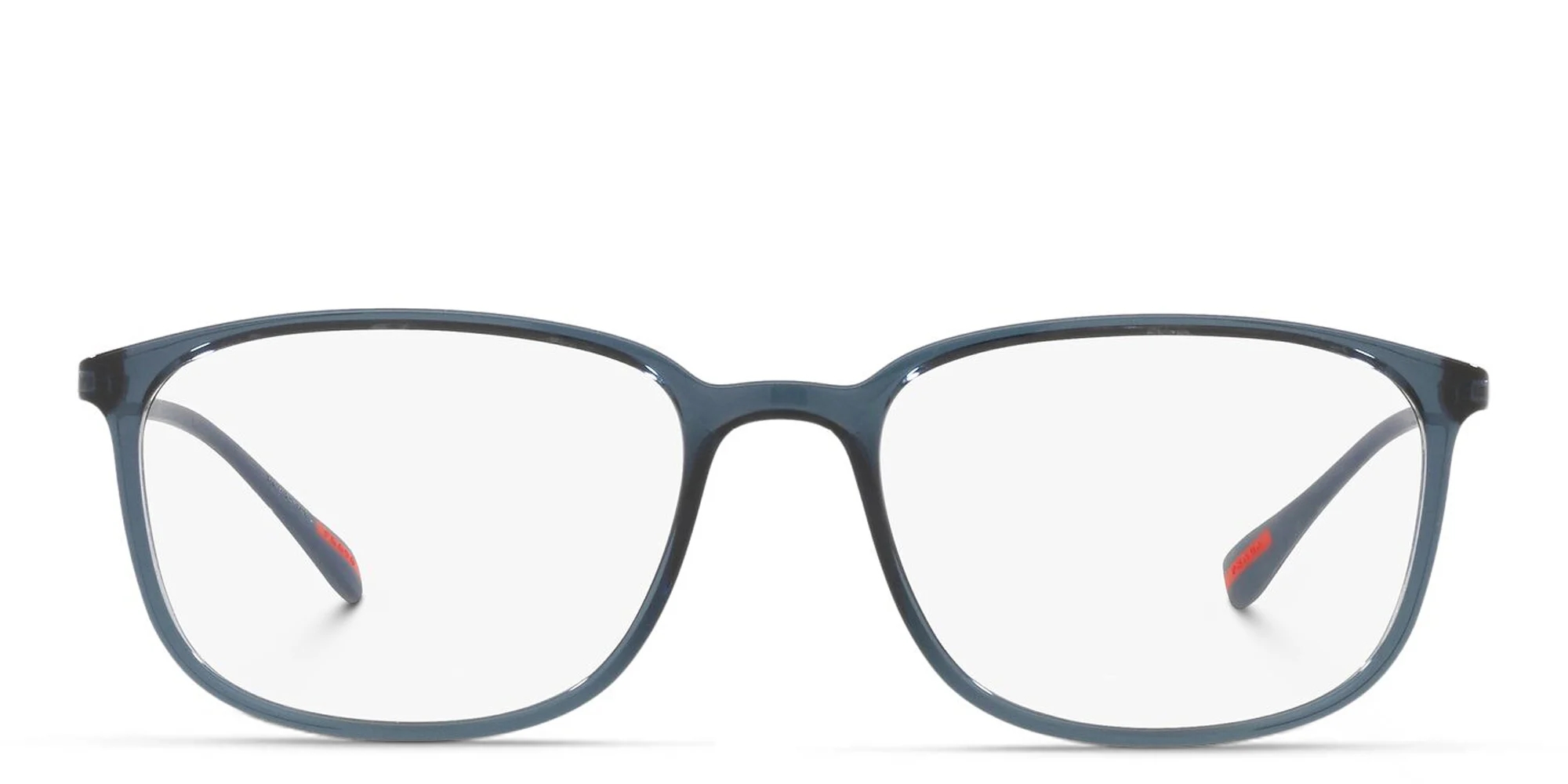 Shop Prada Linea Rossa Wide Rectangle Eyeglasses in Transparent Blue online.