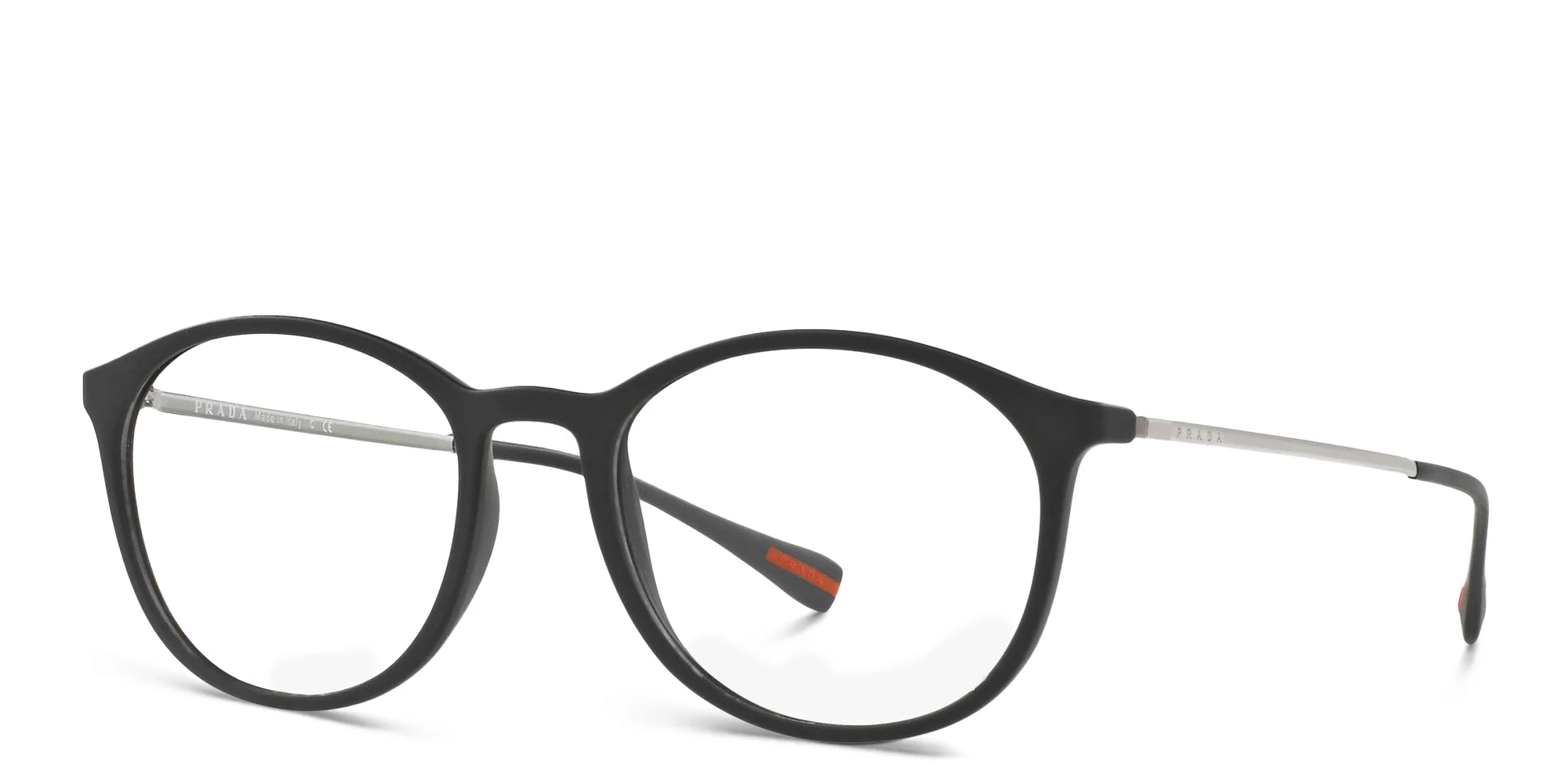 Shop Prada Linea Rossa Square Eyeglasses in Black Rubber online.