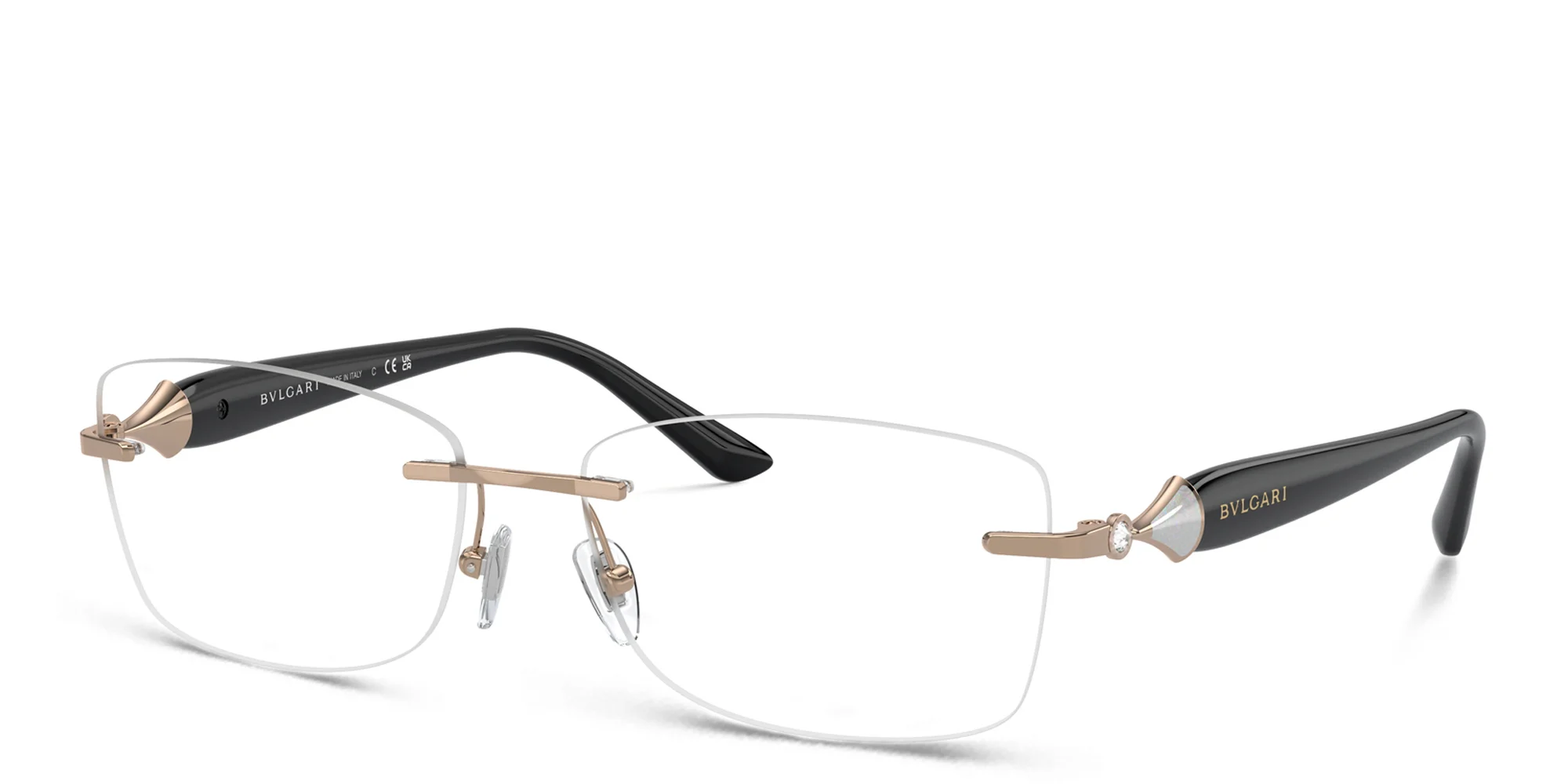 Shop BVLGARI Rimless Rectangle Eyeglasses in Pink Gold online.
