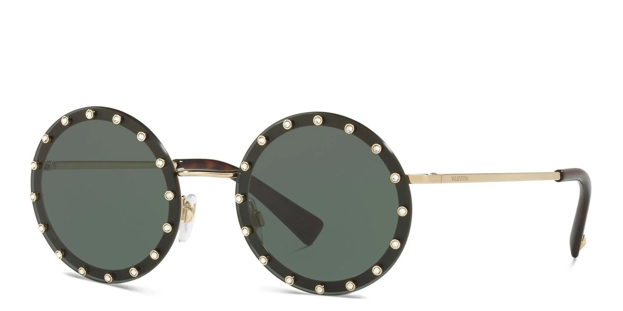 Shop VALENTINO Rimless Round Sunglasses in Black online.