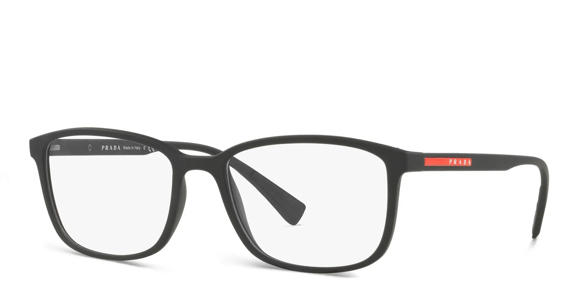 Shop Prada Linea Rossa Wide Rectangle Eyeglasses in Rubber Black online.