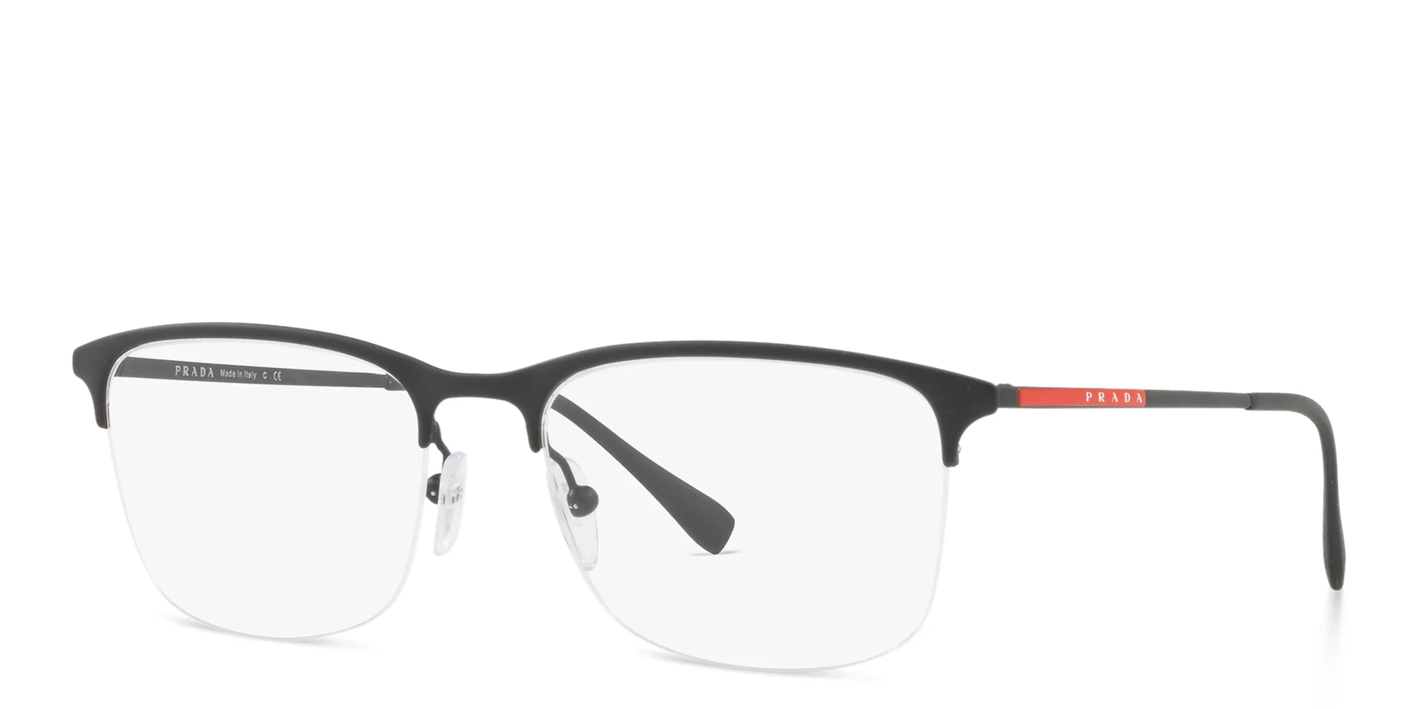 Shop Prada Linea Rossa Half-Rim Wide Rectangle Eyeglasses in Rubber Black online.