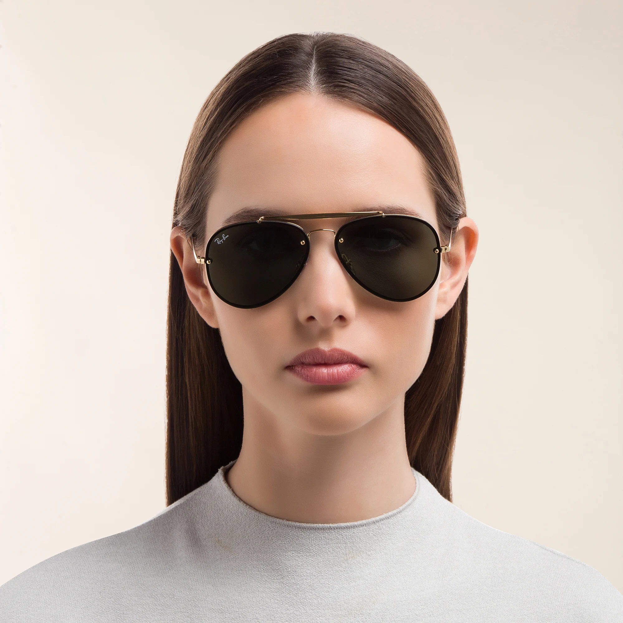 Shop Ray-Ban Blaze Aviator Unisex Rimless Sunglasses in Gold online.
