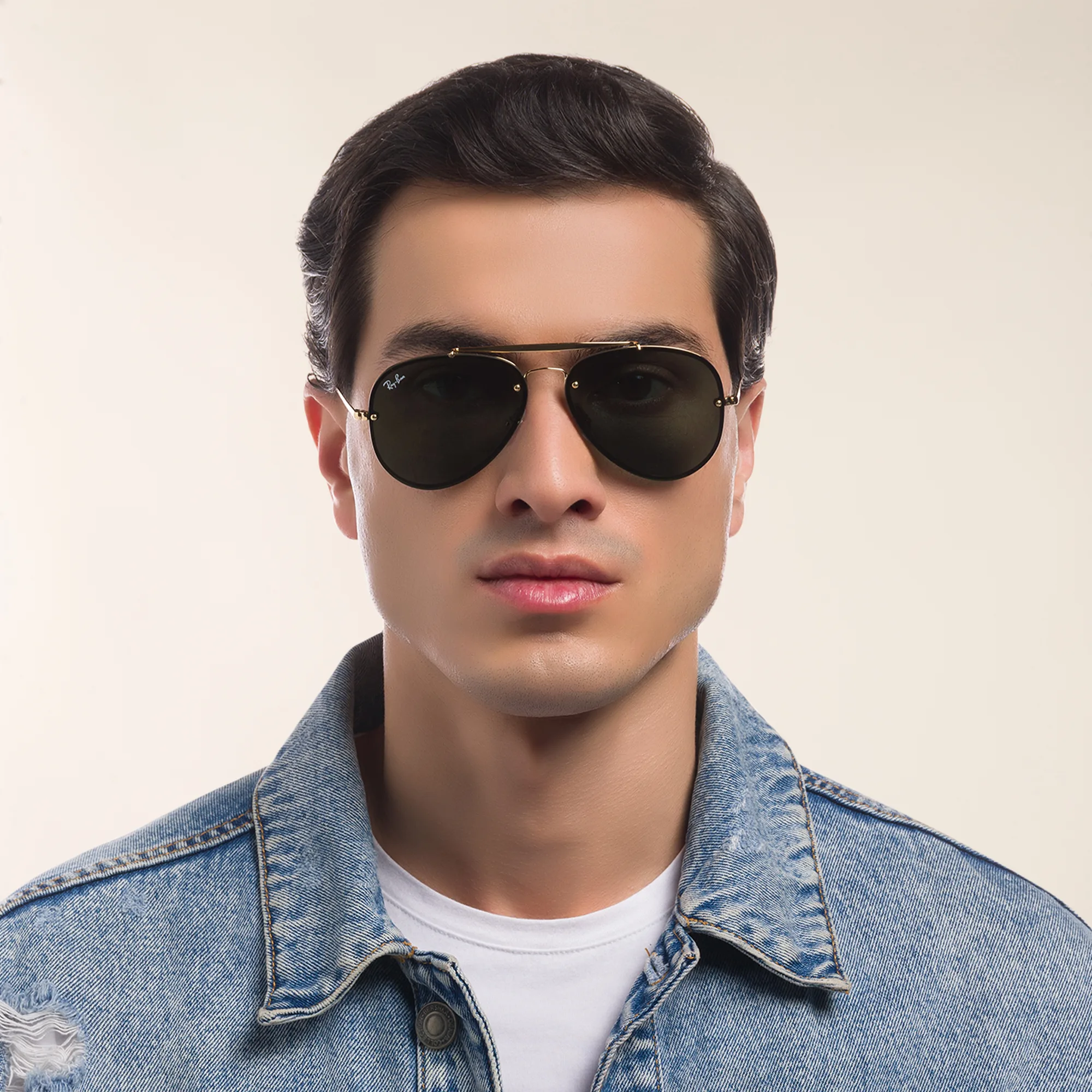 Shop Ray-Ban Blaze Aviator Unisex Rimless Sunglasses in Gold online.