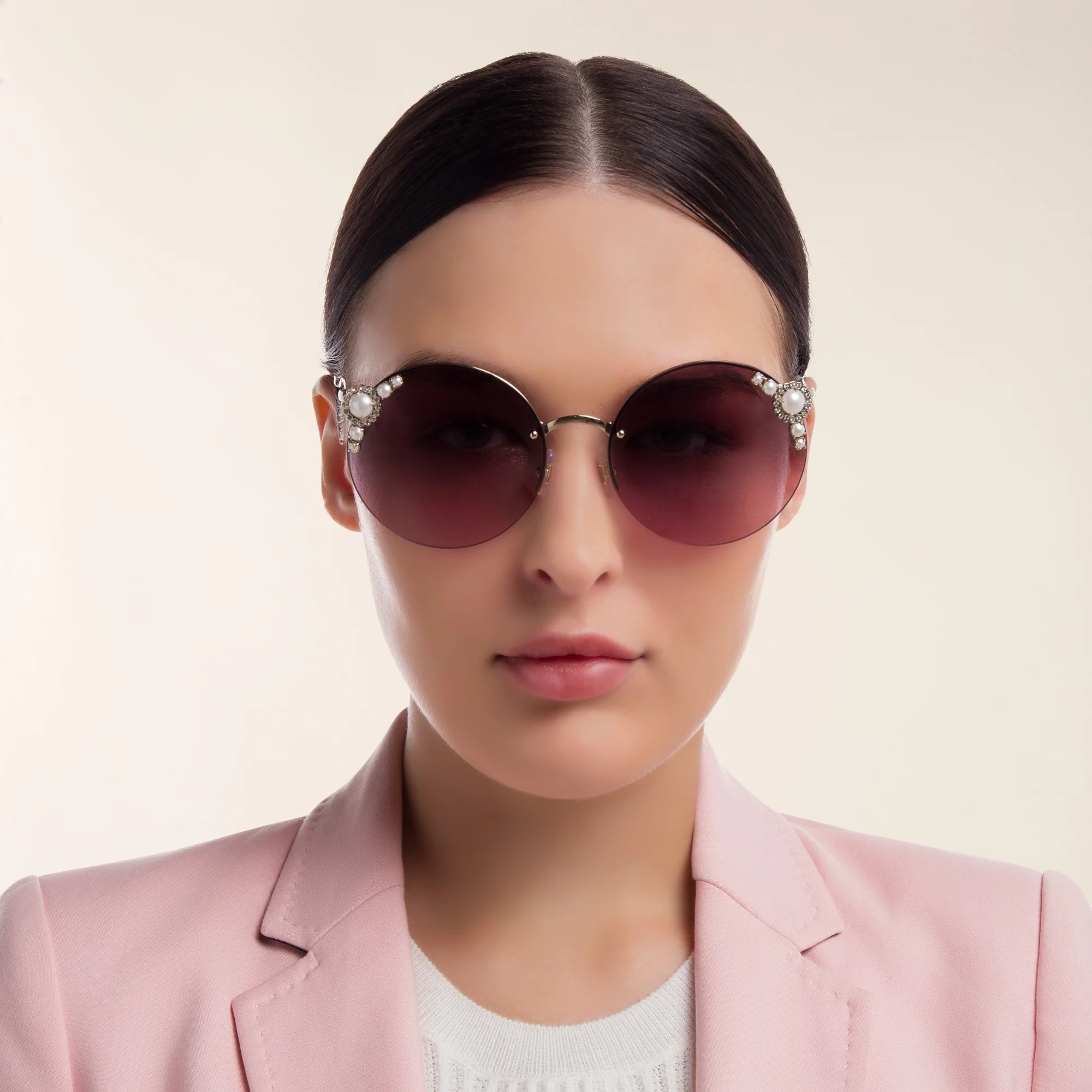 Shop MIU MIU Rimless Round Sunglasses in Pale Gold online.